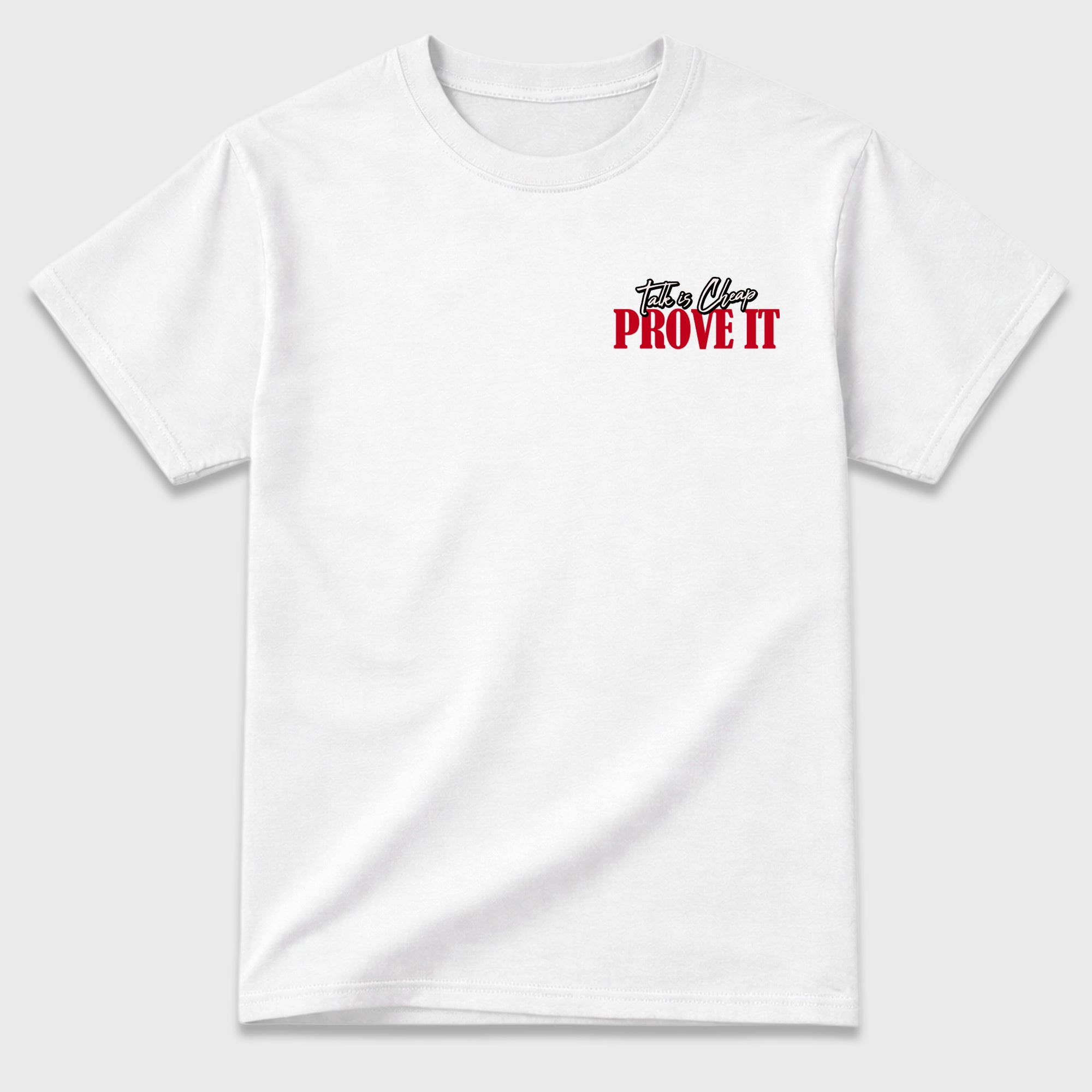 Talk Is Cheap Graphic T-Shirt featuring original streetwear artwork designed to complement the University Red, soft pink, and metallic silver tones of the Air Jordan 1 High OG Nails and Grails. White Graphic T-Shirt.