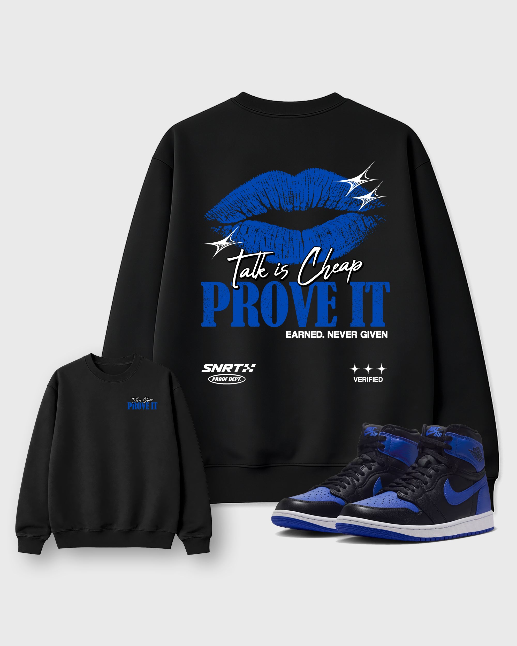 Talk Is Cheap Black Graphic Sweatshirt - 1, a sneaker matching sweatshirt designed to coordinate with Air Jordan 4 J Balvin 'Amazonas' sneakers for a complete sneaker outfit.