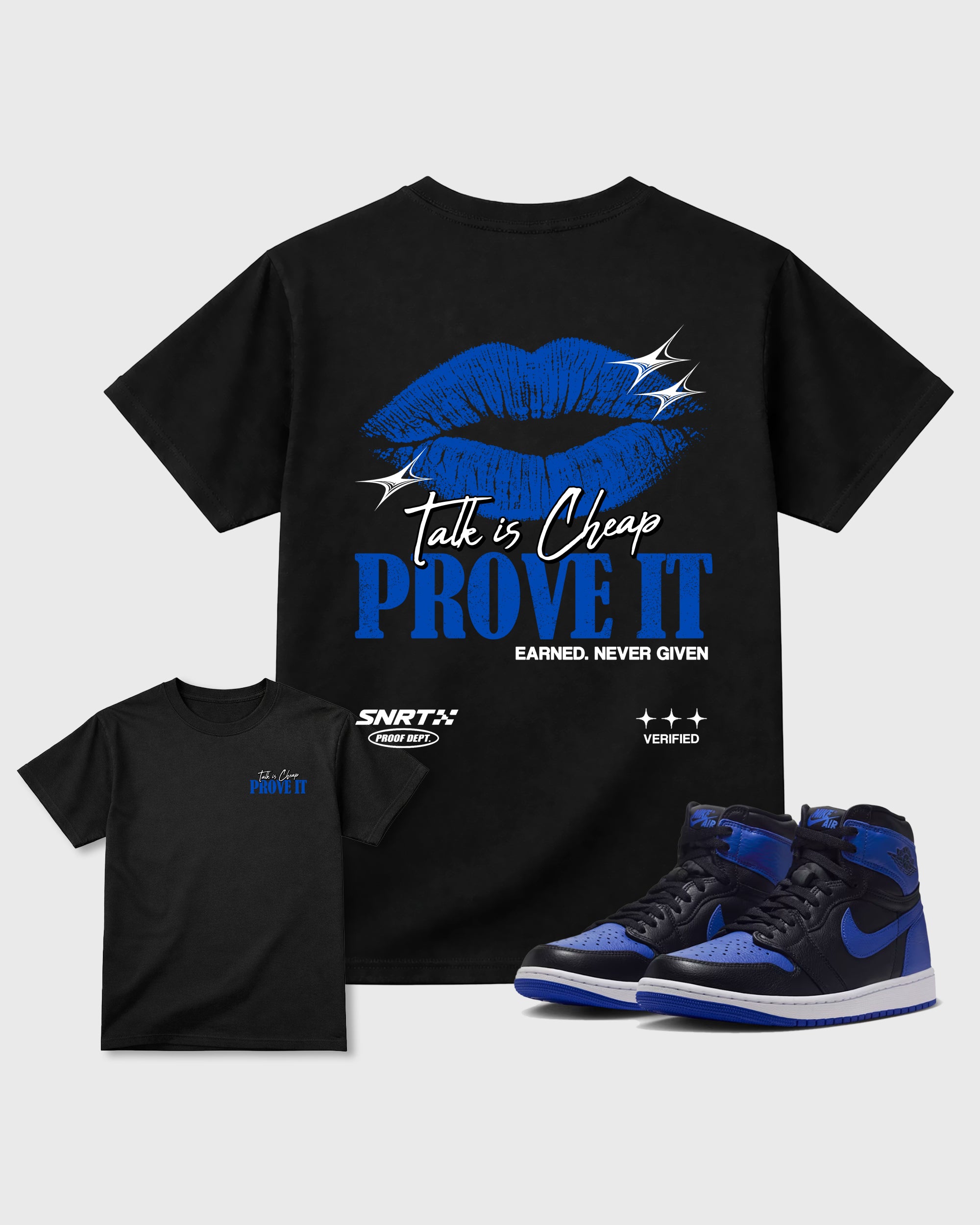 Talk Is Cheap Black Graphic T-Shirt - 1, sneaker matching tee designed to match Air Jordan 4 J Balvin 'Amazonas' sneakers for a coordinated sneaker outfit.