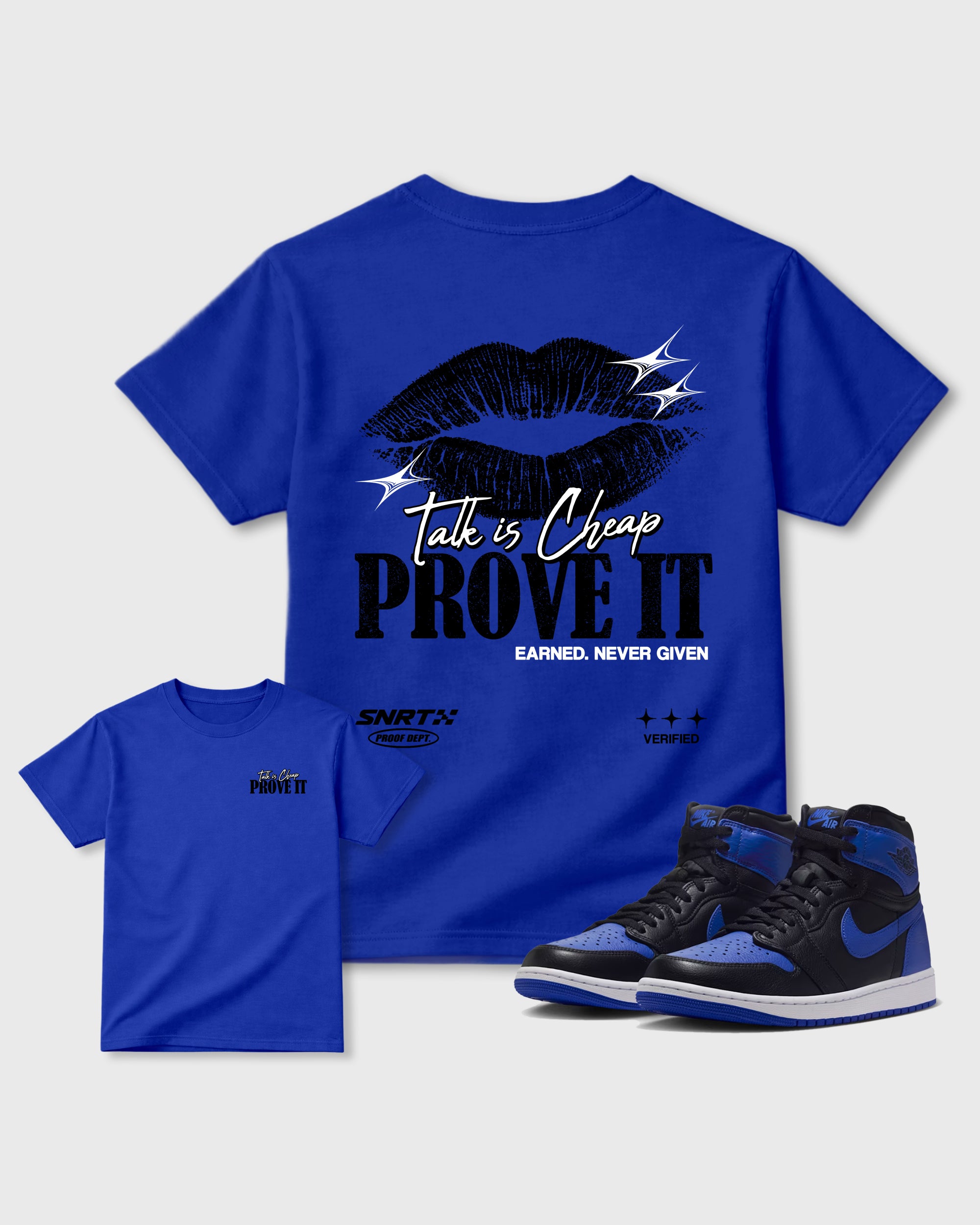 Talk Is Cheap Royal Blue Graphic T-Shirt - 1, sneaker matching tee designed to match Air Jordan 4 J Balvin 'Amazonas' sneakers for a coordinated sneaker outfit.