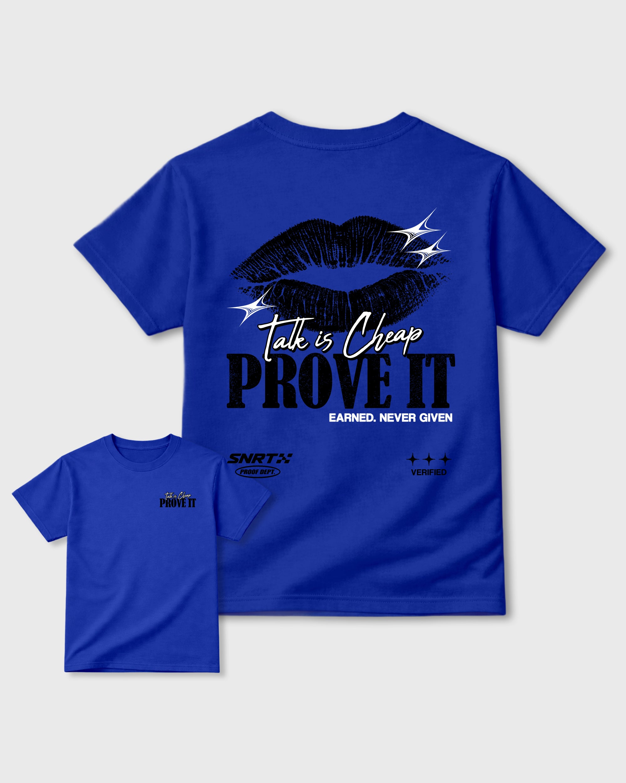 Talk Is Cheap Royal Blue Graphic T-Shirt - 2, sneaker tee made to match Air Jordan 4 J Balvin 'Amazonas' sneakers with original graphic artwork for a coordinated sneaker outfit.