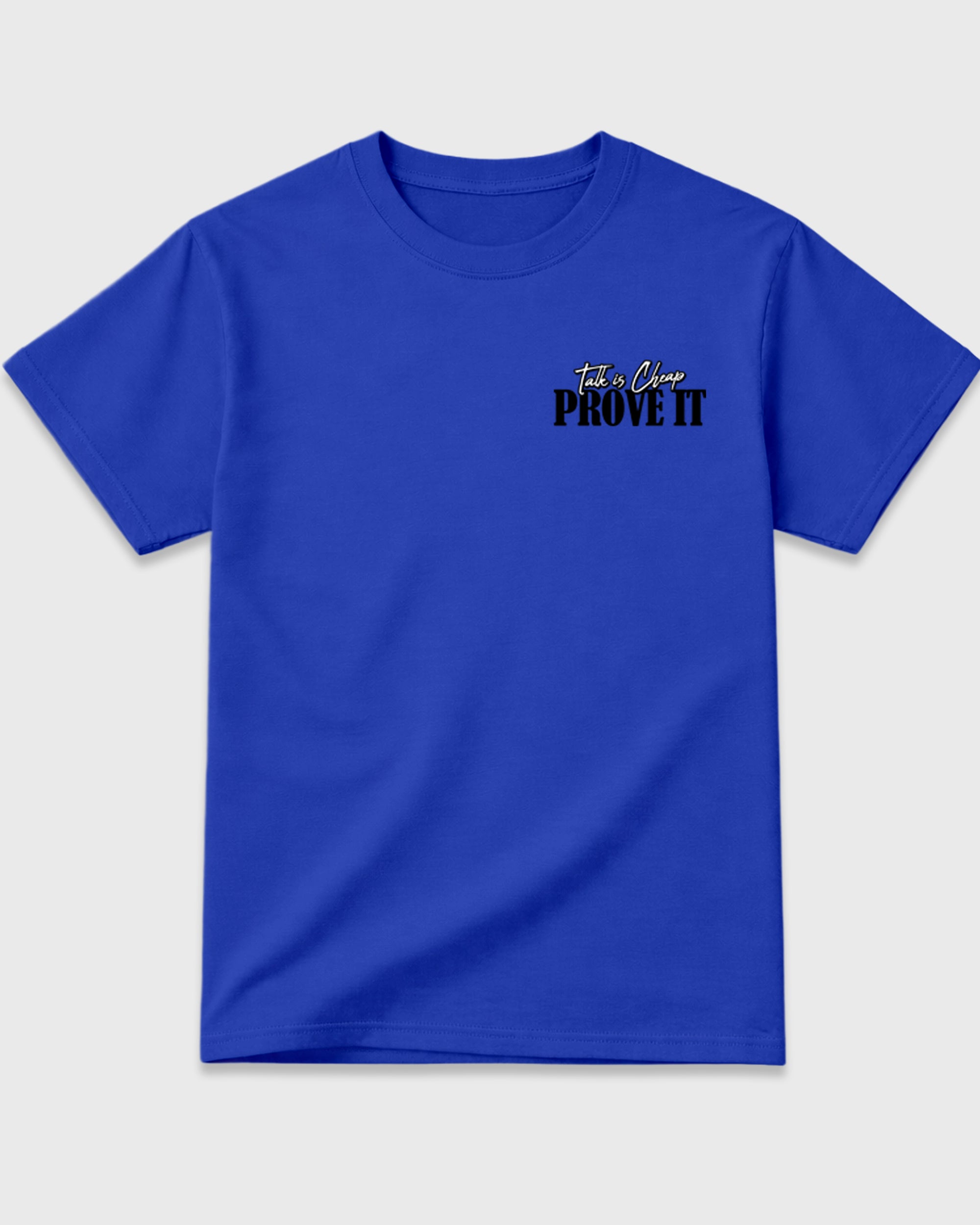 Talk Is Cheap Royal Blue Graphic T-Shirt - 3, sneaker matching shirt designed to pair with Air Jordan 4 J Balvin 'Amazonas' sneakers for a coordinated streetwear outfit.