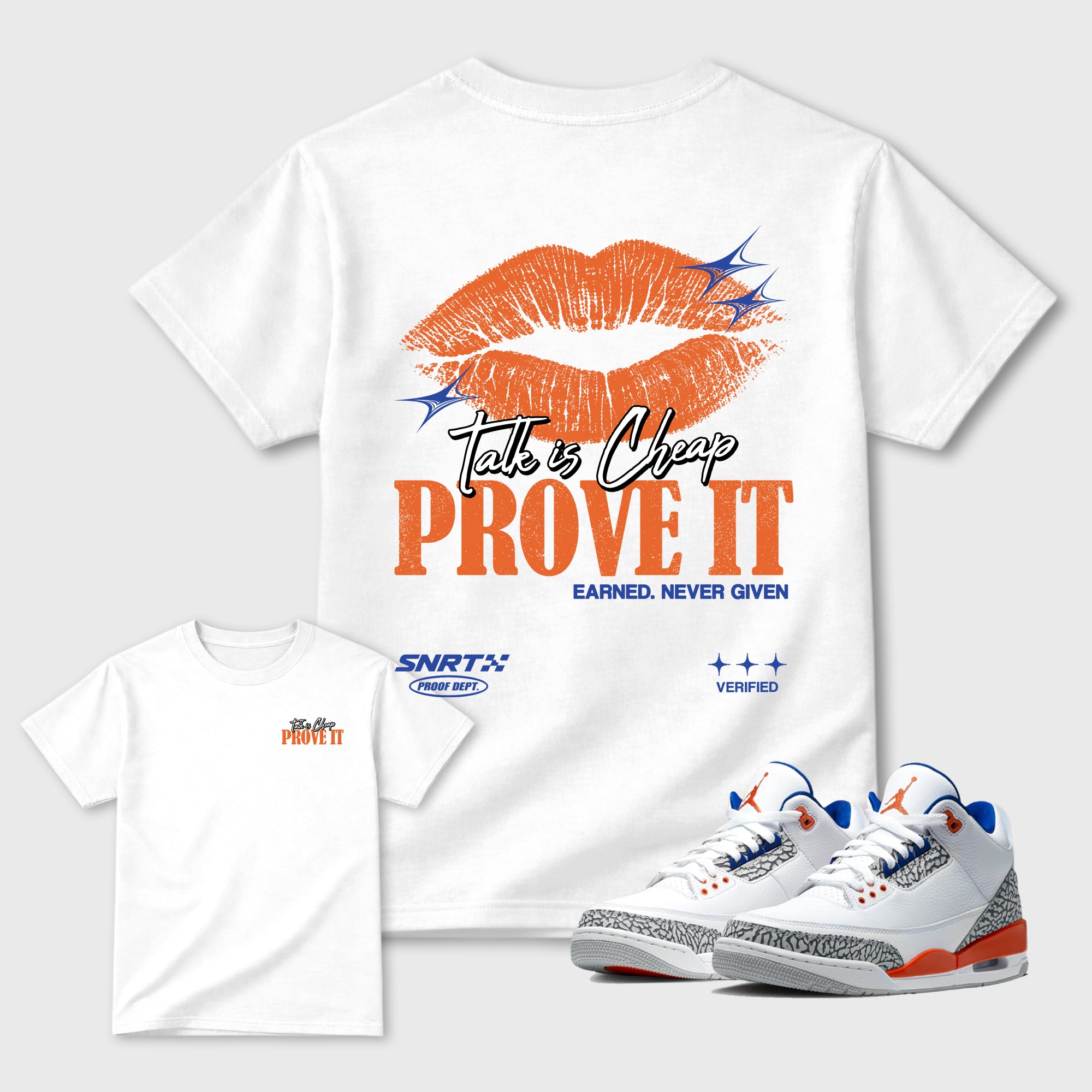 Talk Is Cheap Graphic T-Shirt featuring original streetwear artwork designed to match the Air Jordan 3 Knicks. White Graphic T-Shirt.