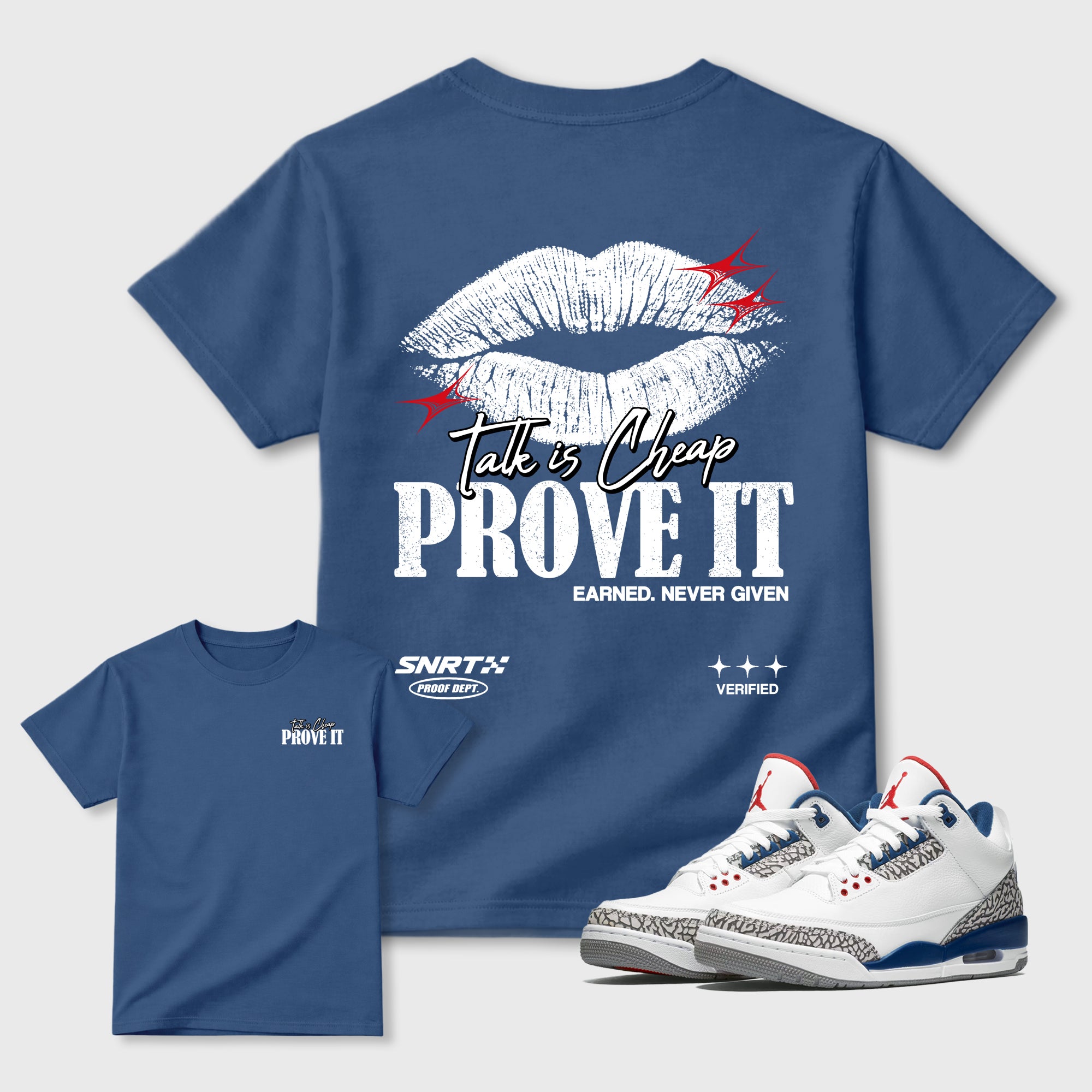 Talk Is Cheap Graphic T-Shirt featuring original streetwear artwork designed to match the . Denim Blue Graphic T-Shirt.