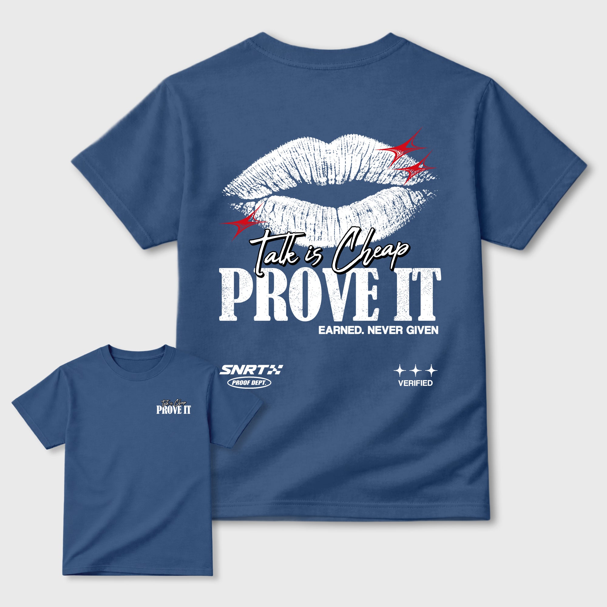 Talk Is Cheap Graphic T-Shirt featuring original streetwear artwork designed to match the . Denim Blue Graphic T-Shirt.
