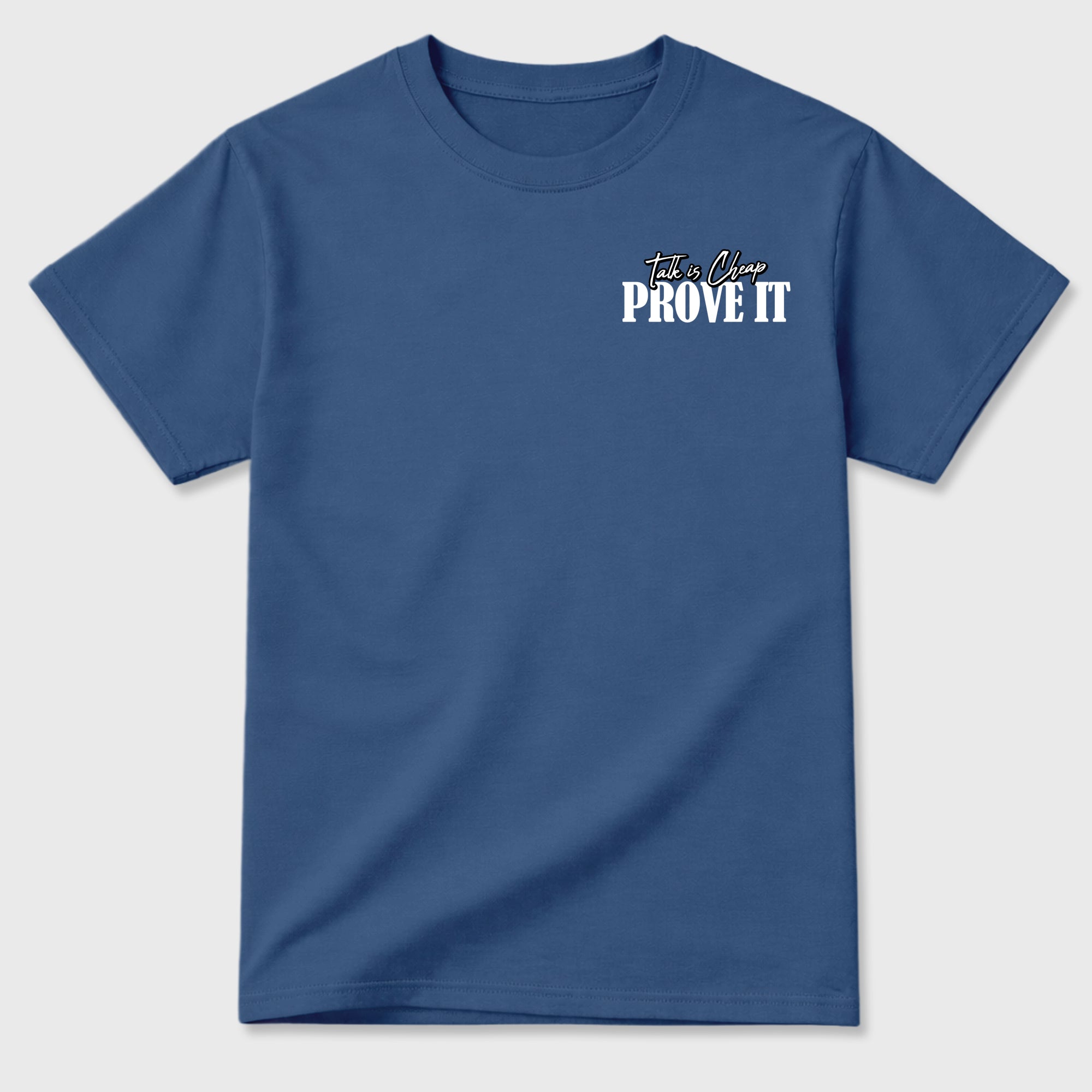 Talk Is Cheap Graphic T-Shirt featuring original streetwear artwork designed to match the . Denim Blue Graphic T-Shirt.