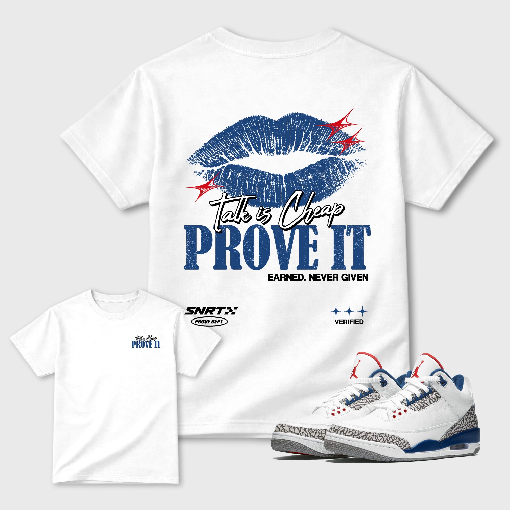 Talk Is Cheap Graphic T-Shirt featuring original streetwear artwork designed to match the Air Jordan 3 True Blue. White Graphic T-Shirt.