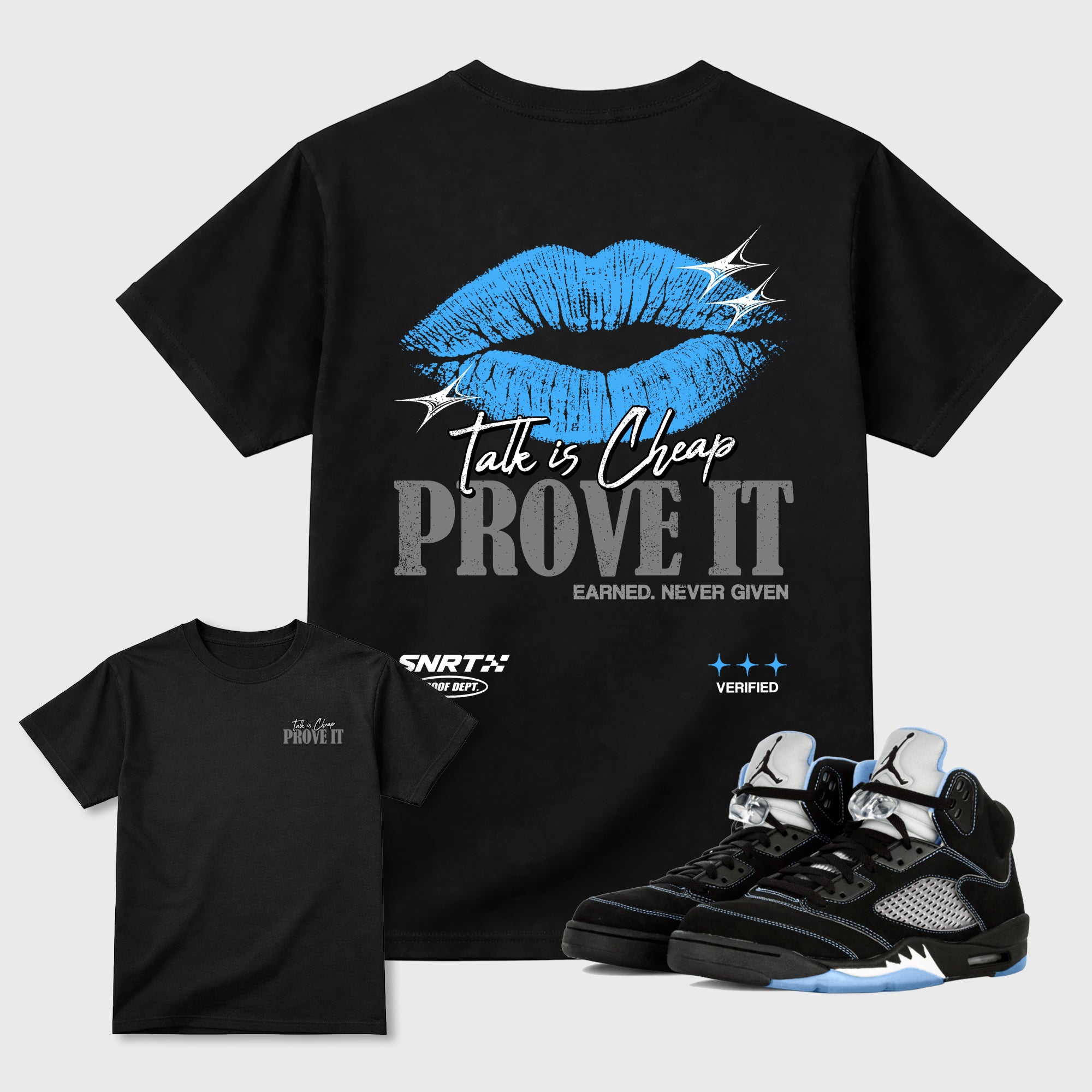 Talk Is Cheap Graphic T-Shirt sneaker match tee designed for the Air Jordan 5 Black Carolina sneakers, featuring coordinated color options for a perfect streetwear match. Black shirt.