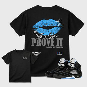 Talk Is Cheap Graphic T-Shirt sneaker match tee designed for the Air Jordan 5 Black University Blue sneakers, featuring coordinated color options for a perfect streetwear match. Black shirt.
