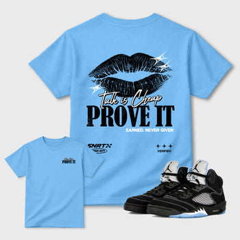 Talk Is Cheap Graphic T-Shirt sneaker match tee designed for the 5s Black UNC, featuring coordinated color options for a perfect streetwear match. Carolina Blue shirt.