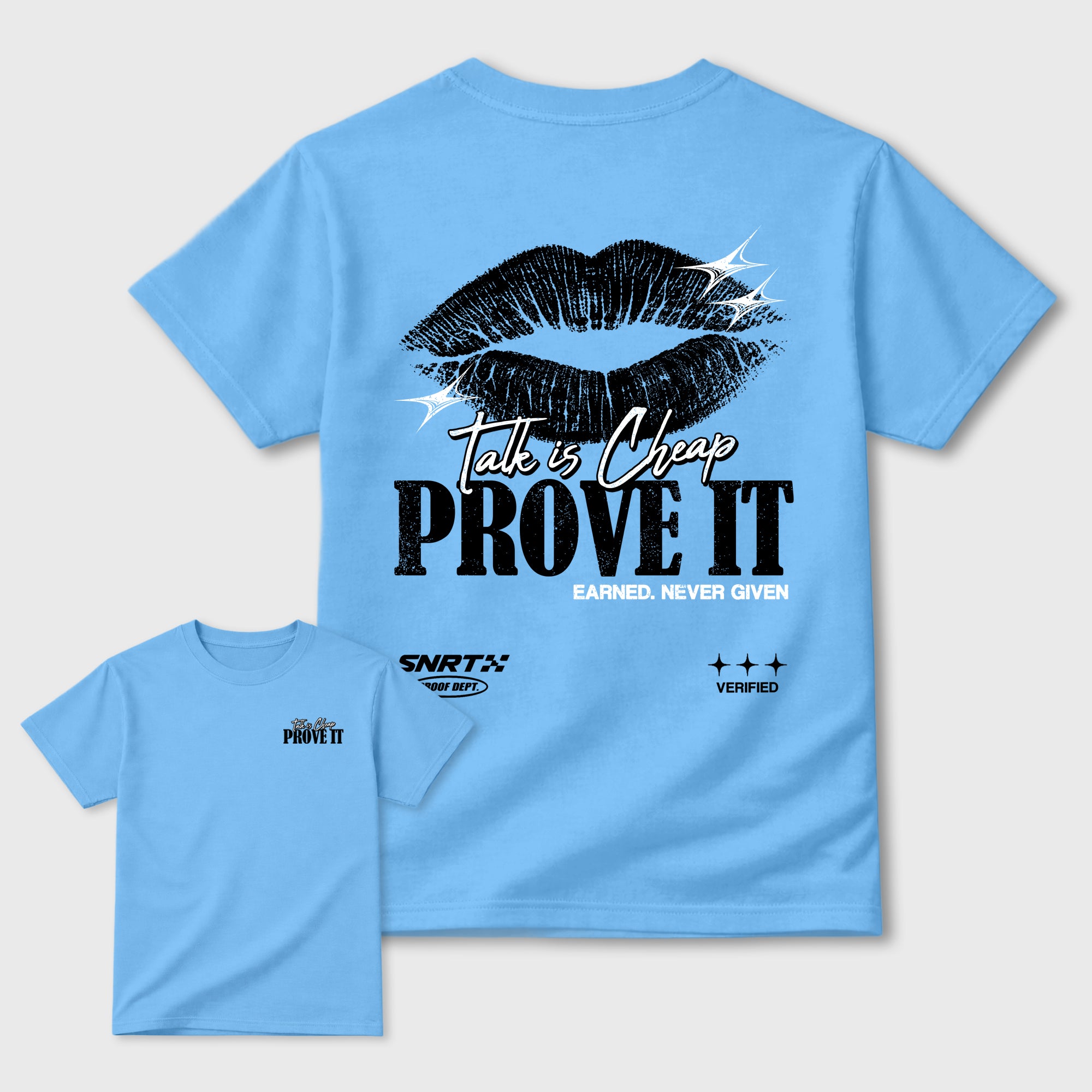 Talk Is Cheap Graphic T-Shirt sneaker match tee designed for the 5s Black Carolina, featuring coordinated color options for a perfect streetwear match. Carolina Blue shirt.