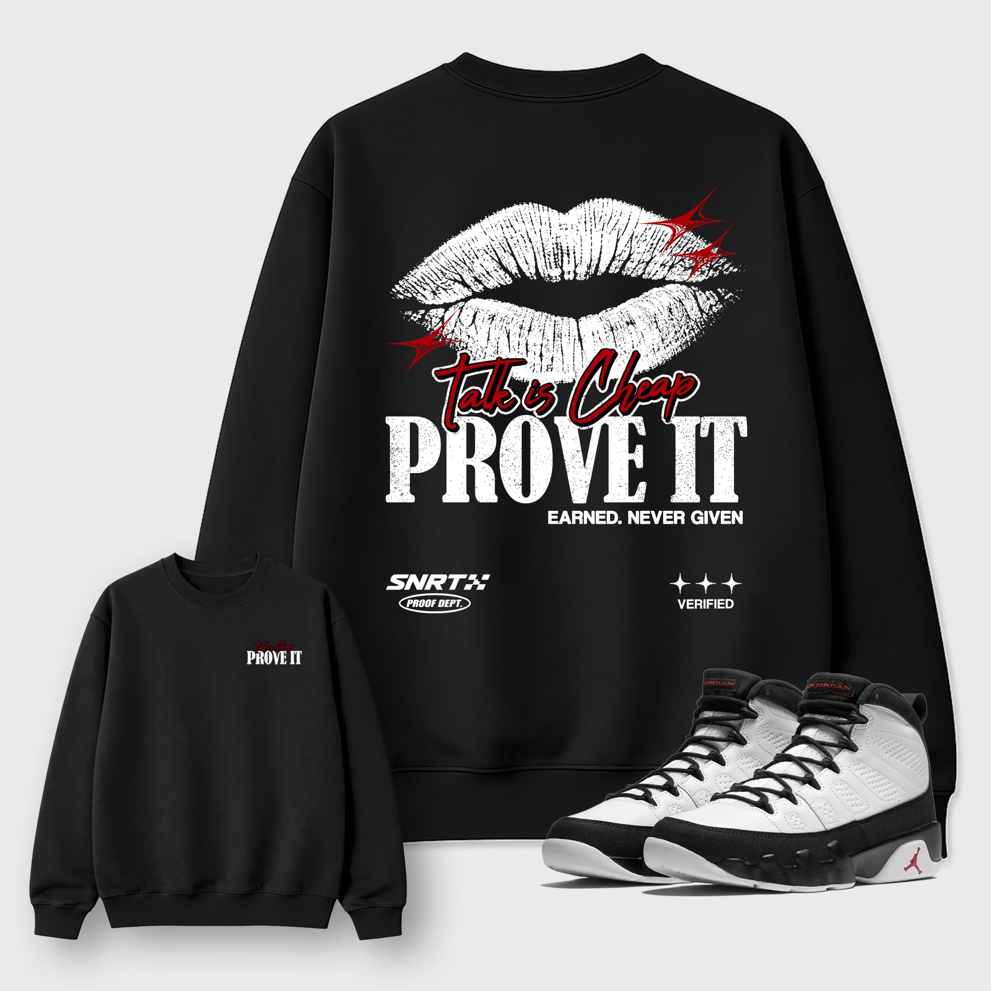 Talk is Cheap Black Graphic Sweatshirt - 1, a sneaker matching sweatshirt designed to coordinate with Air Jordan 9 Retro Space Jam sneakers for a complete sneaker outfit.