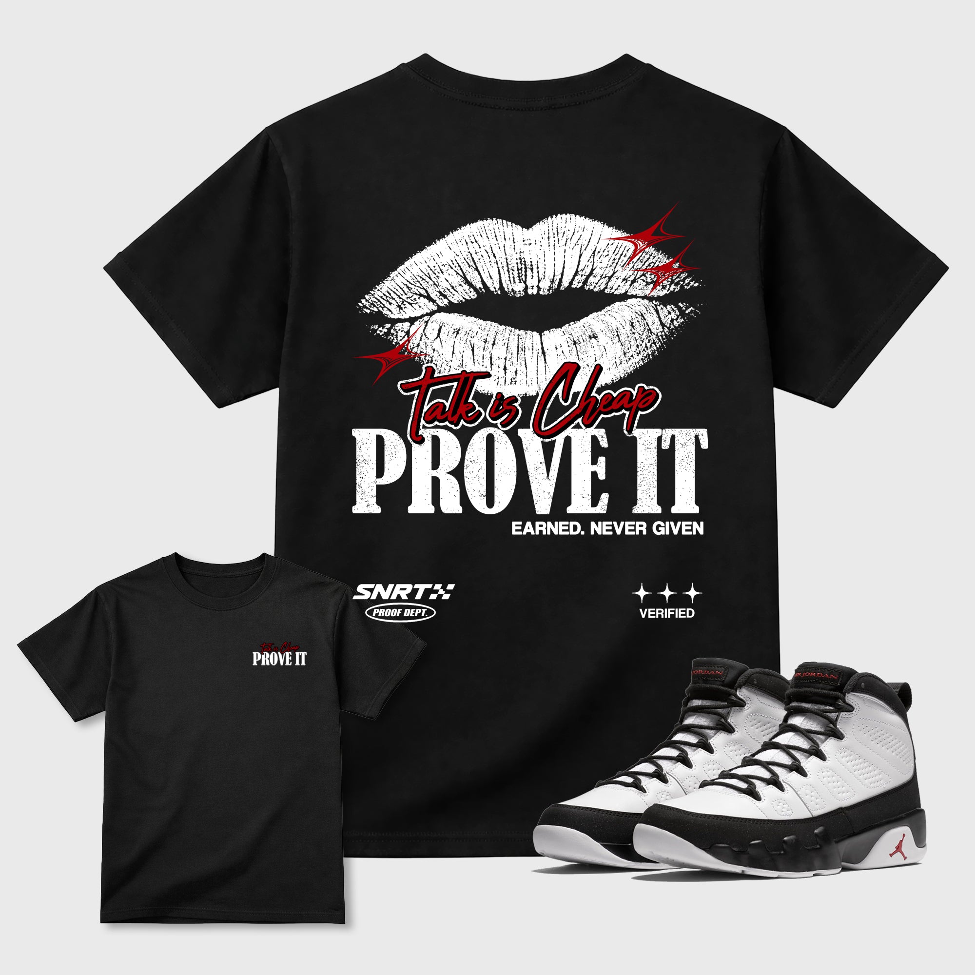 Talk is Cheap Black Graphic T-Shirt - 3, sneaker matching shirt designed to pair with Air Jordan 9 Retro Space Jam sneakers for a coordinated streetwear outfit.
