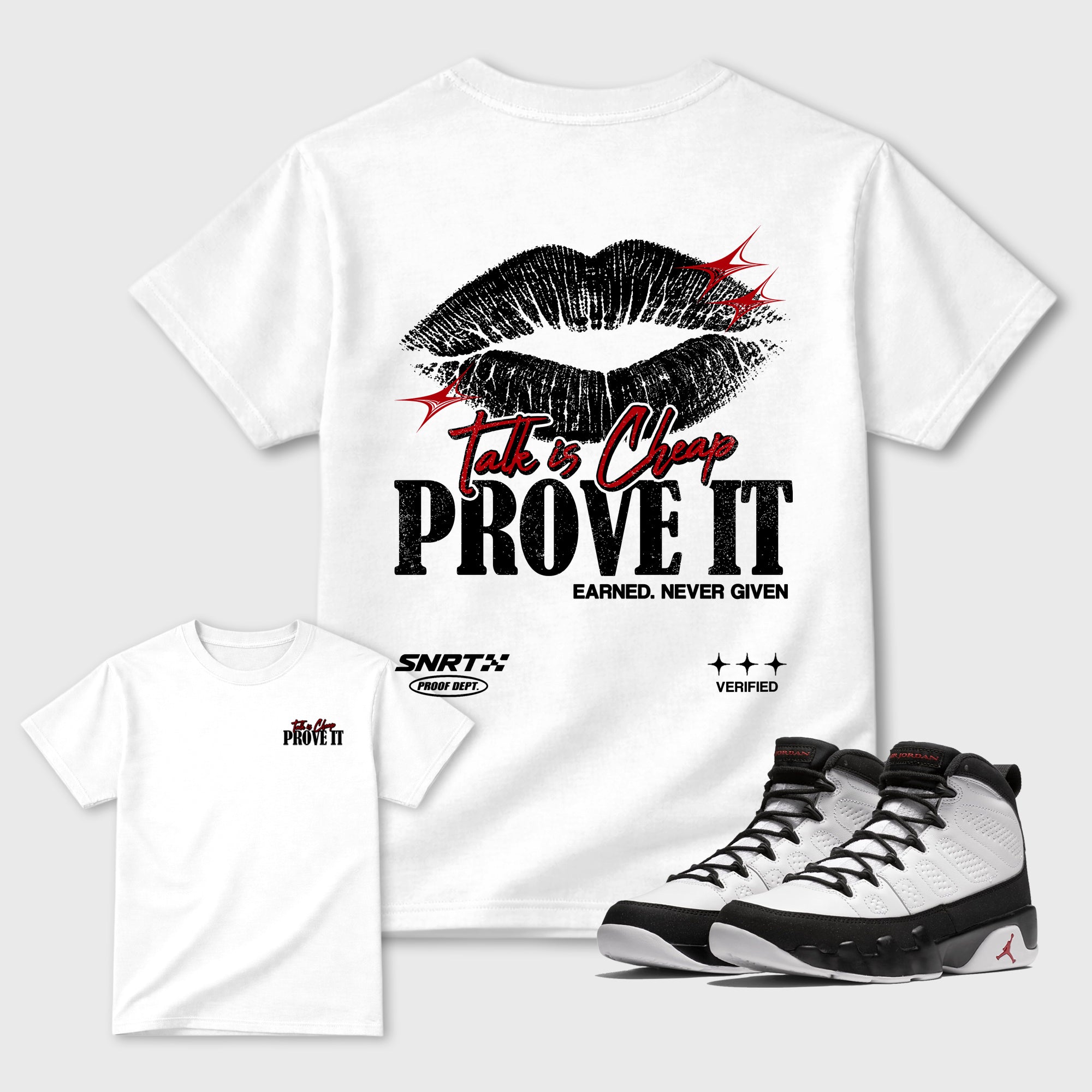 Talk is Cheap White Graphic T-Shirt - 1, sneaker matching tee designed to match Air Jordan 9 Retro Space Jam sneakers for a coordinated sneaker outfit.