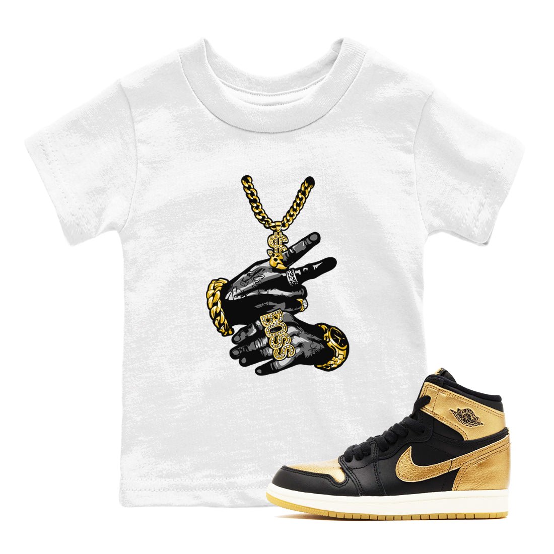 Air Jordan 1 High OG Black Metallic Gold shirts to match jordans Tatto Hands sneaker match tees Air Jordan 1 Retrp Black Metallic Gold Sneaker Shirts SNRT Sneaker Tees streetwear brand Baby and Youth White 1 cotton tee