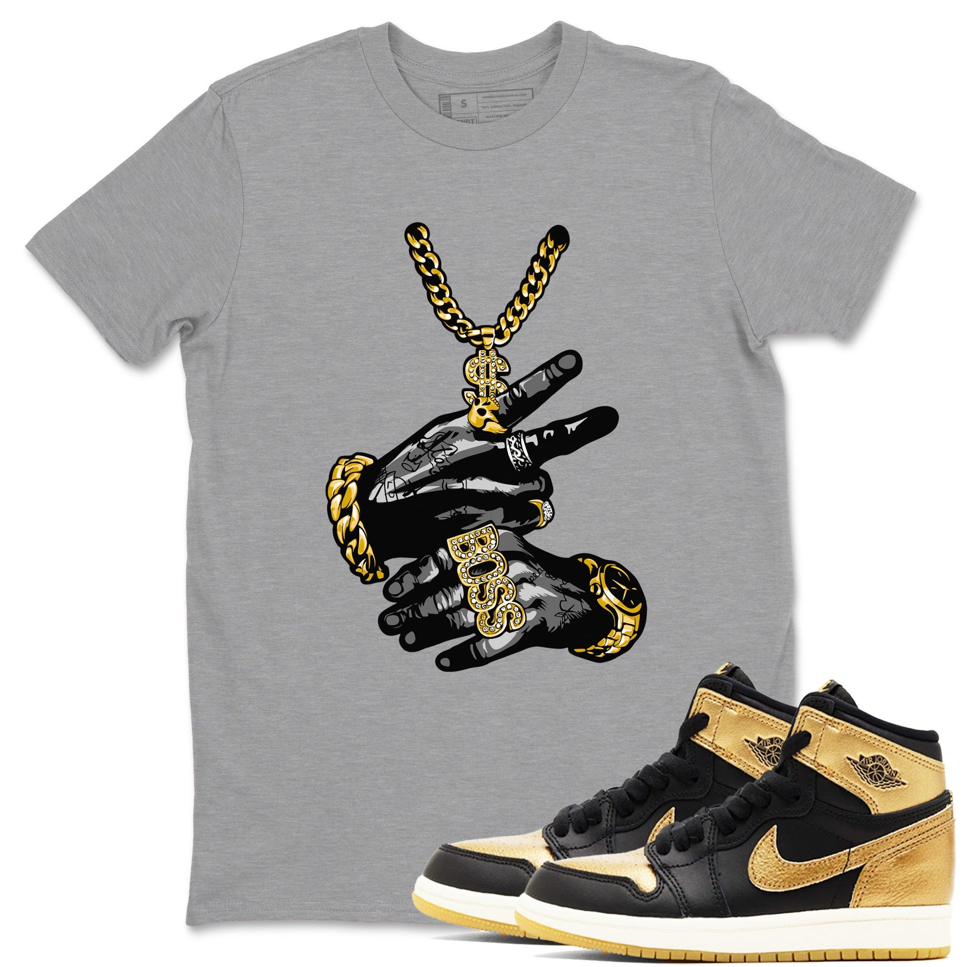 Air Jordan 1 High OG Black Metallic Gold shirts to match jordans Tatto Hands sneaker match tees Air Jordan 1 Retrp Black Metallic Gold Sneaker Shirts SNRT Sneaker Tees streetwear brand Heather Grey 1 unisex cotton tee
