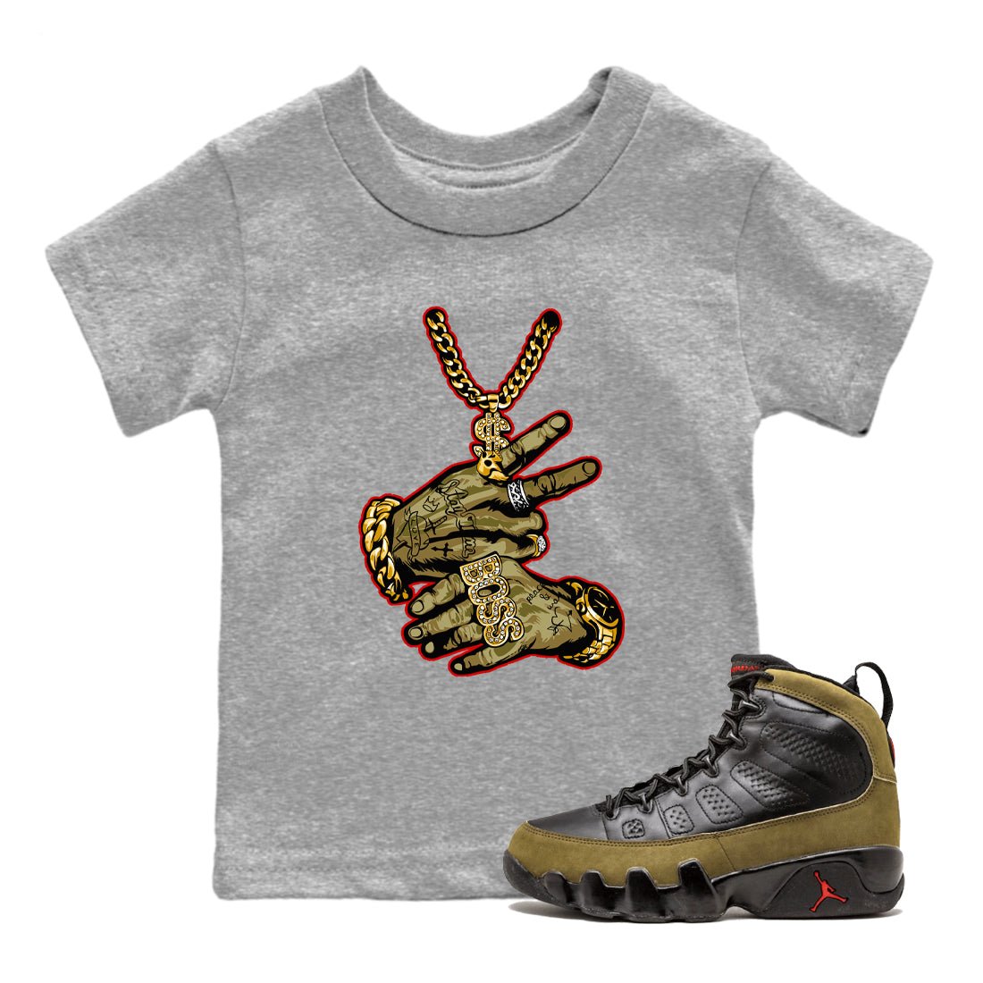 9s Olive shirts to match jordans Tattoo Hands sneaker match tees Air Jordan 9 Retro Olive match shoes to clothes SNRT Sneaker Tees Youth Baby Heather Grey 1 tee