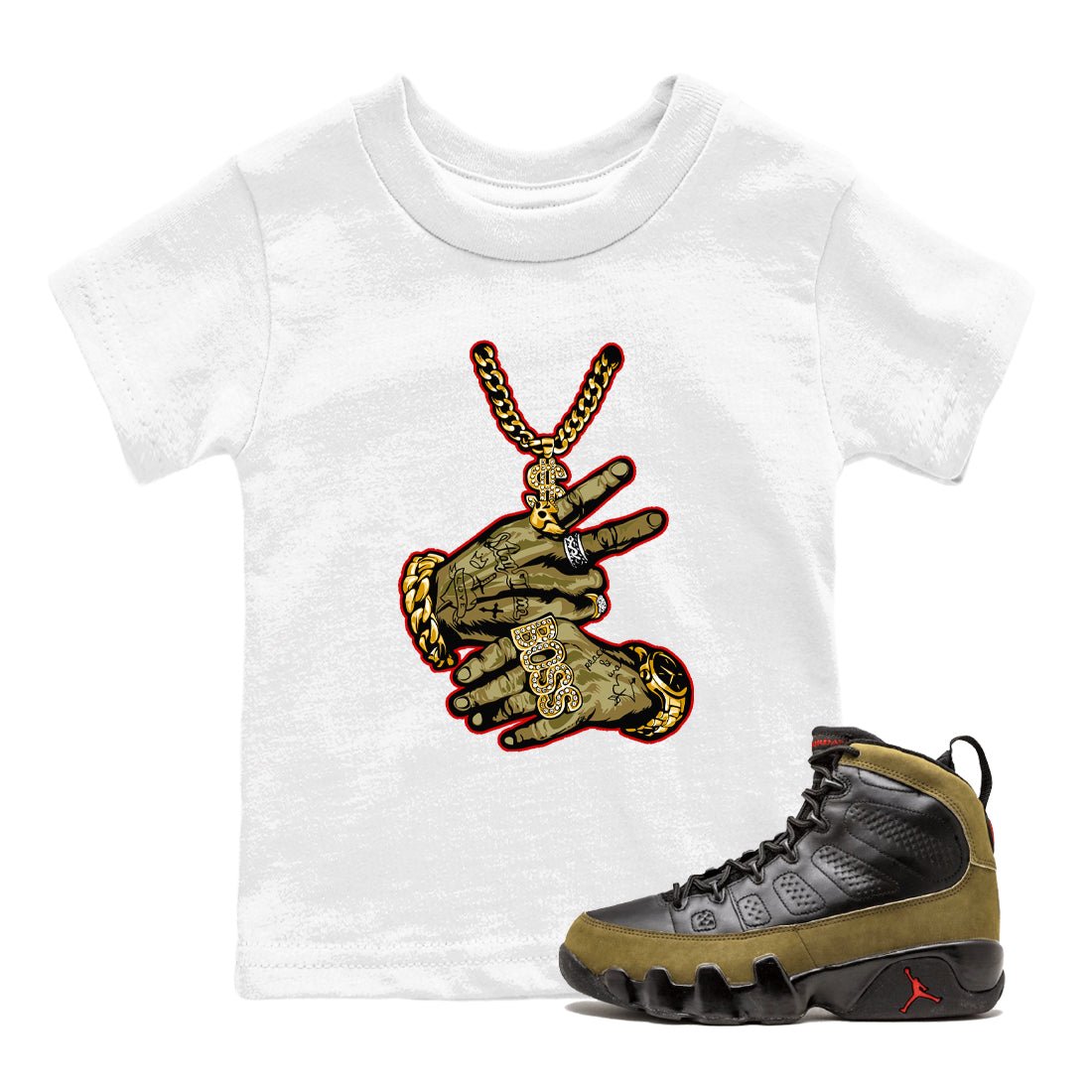 9s Olive shirts to match jordans Tattoo Hands sneaker match tees Air Jordan 9 Retro Olive match shoes to clothes SNRT Sneaker Tees Youth Baby White 1 tee