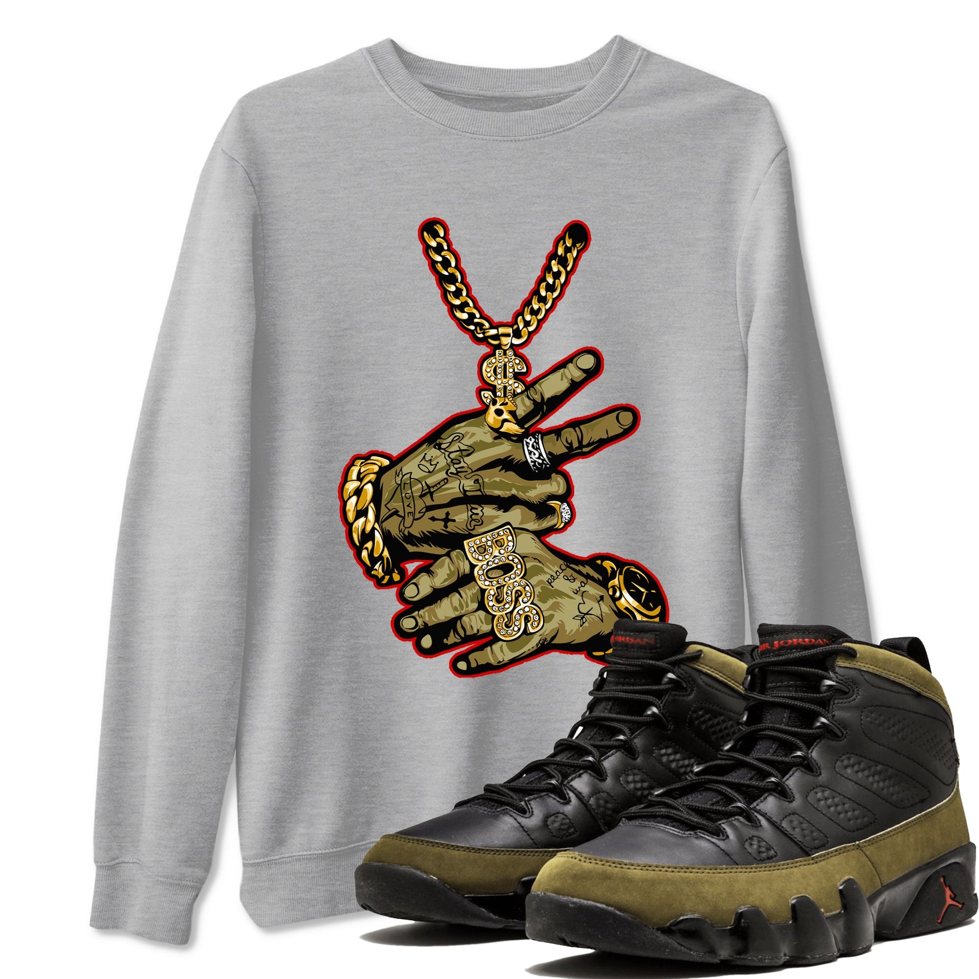 9s Olive shirts to match jordans Tattoo Hands sneaker match tees Air Jordan 9 Retro Olive match shoes to clothes SNRT Sneaker Tees unisex cotton Heather Grey 1 shirts