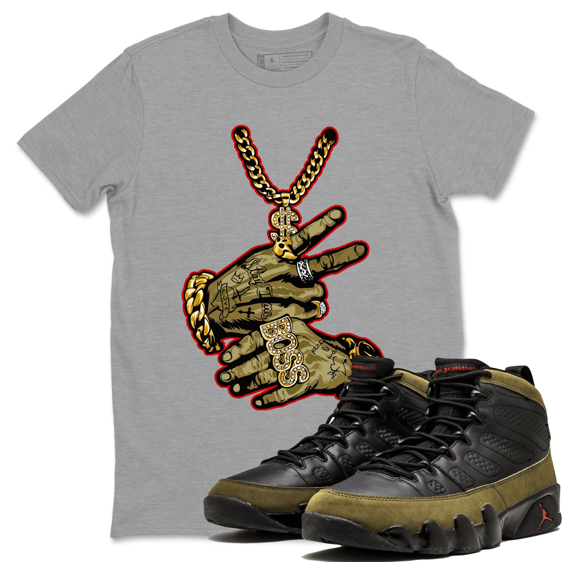 9s Olive shirts to match jordans Tattoo Hands sneaker match tees Air Jordan 9 Retro Olive match shoes to clothes SNRT Sneaker Tees unisex cotton Heather Grey 1 shirts