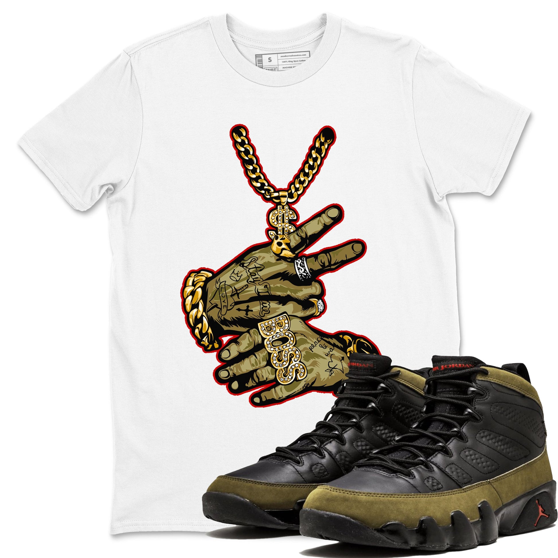 9s Olive shirts to match jordans Tattoo Hands sneaker match tees Air Jordan 9 Retro Olive match shoes to clothes SNRT Sneaker Tees unisex cotton White 1 shirts