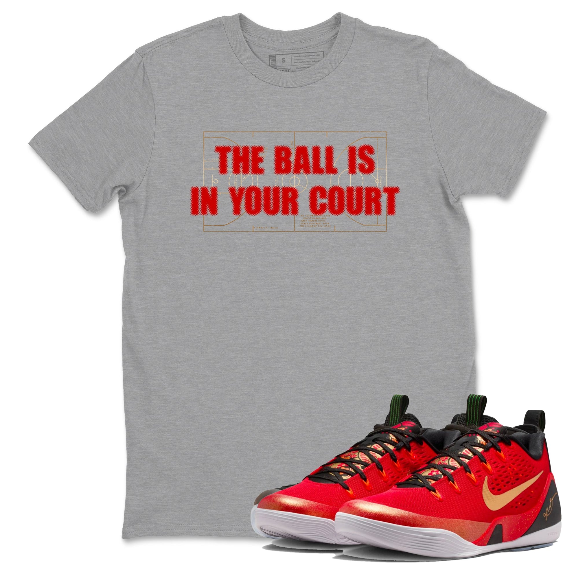 Sneaker match tees – Sneaker Tees To Match Nike KB 9 China Shoes KB 9 University Red and Metallic Gold – The Ball Is In Your Court Tee Heather Grey 1