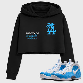 Sneaker match tees – Sneaker Tees To Match Air Foamposite Pro University Blue Shoes – The City Of Angeles Crop T-Shirt Black 1