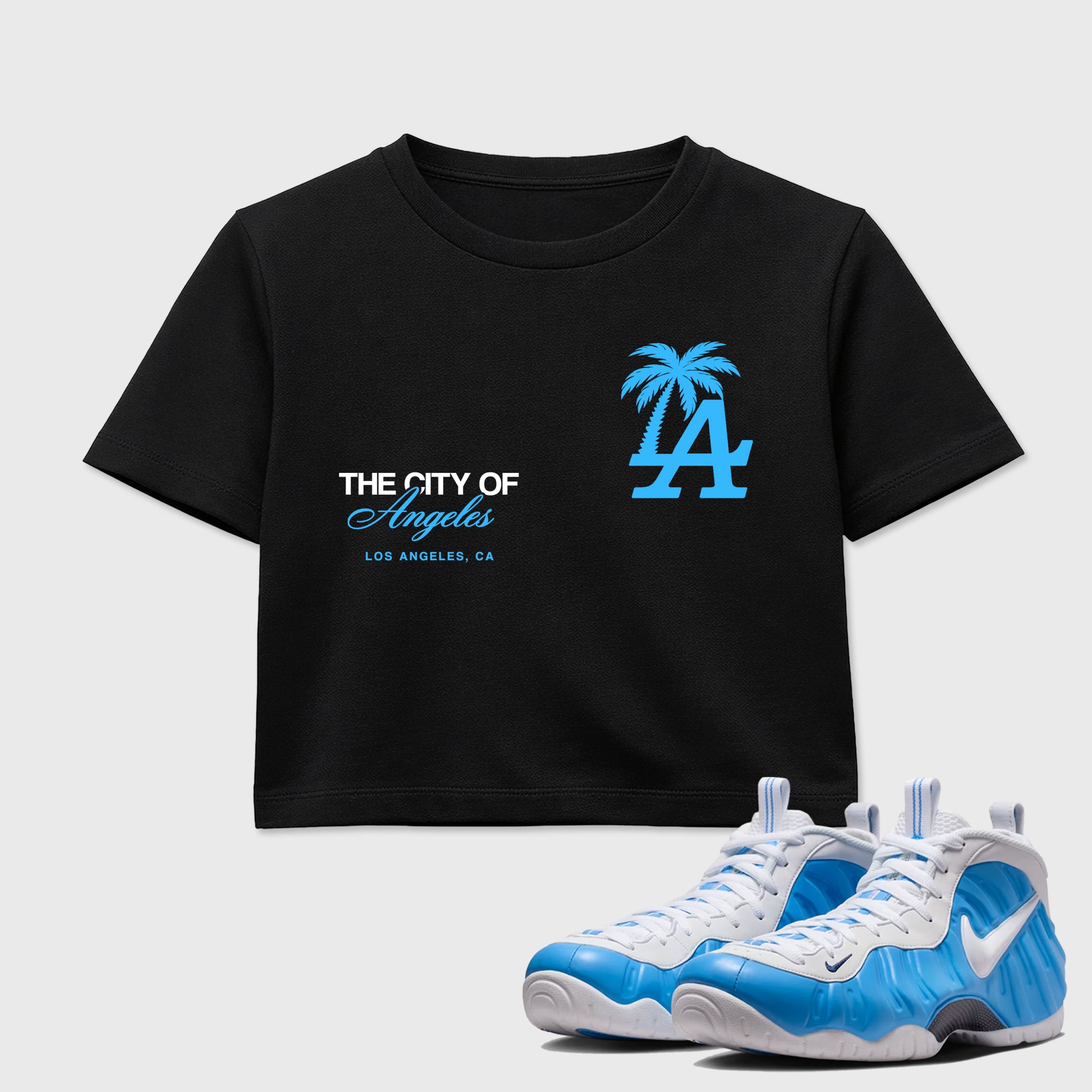 Sneaker match tees – Sneaker Tees To Match Air Foamposite Pro University Blue Shoes – The City Of Angeles Crop T-Shirt Black 1