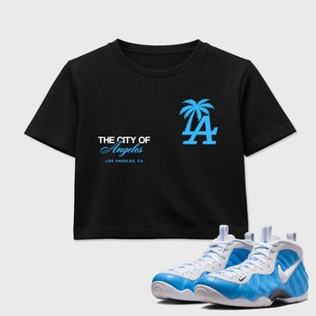 Sneaker match tees – Sneaker Tees To Match Air Foamposite Pro University Blue Shoes – The City Of Angeles Crop T-Shirt Black 1