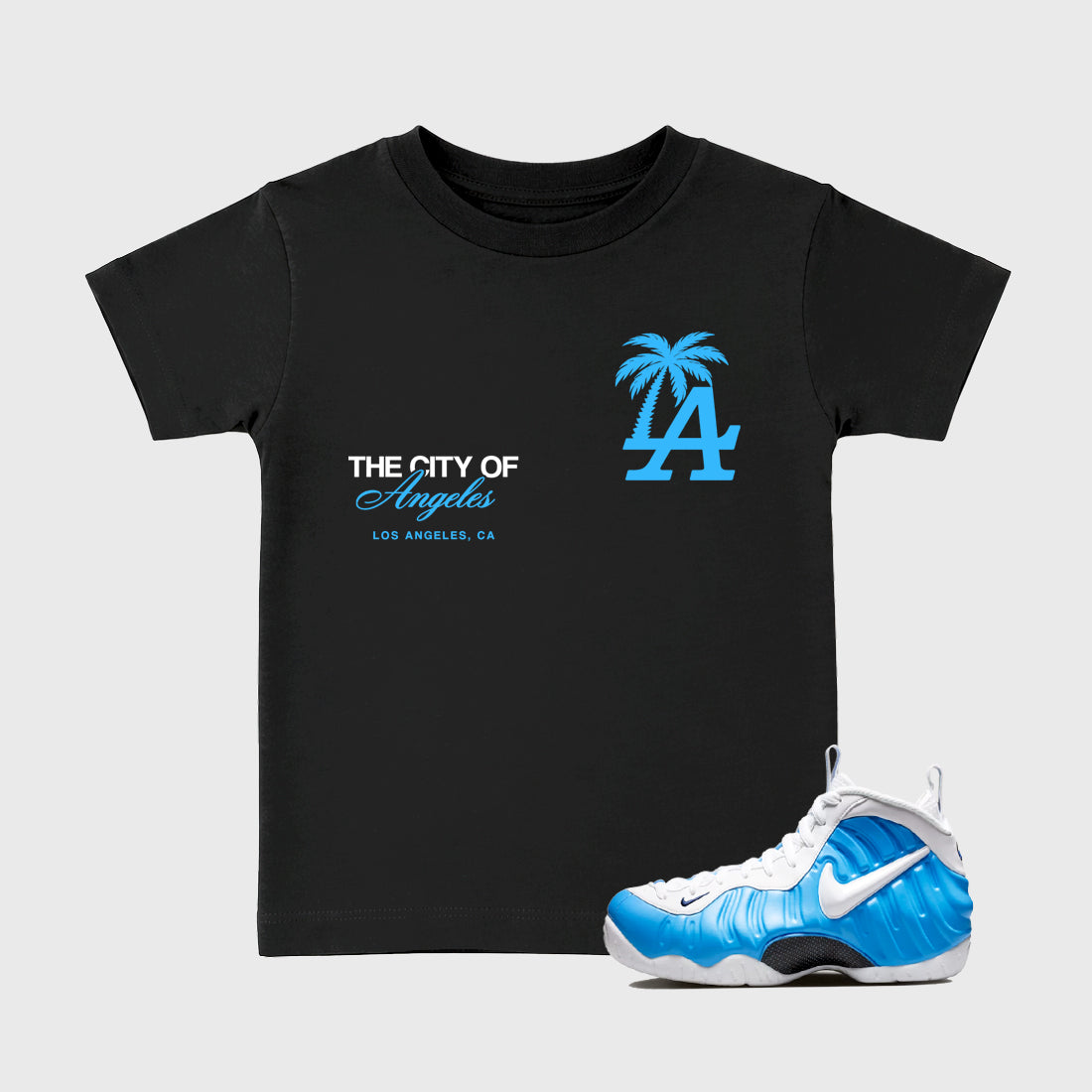 Sneaker match tees – Sneaker Tees To Match Air Foamposite Pro University Blue Shoes – The City Of Angeles Kids T-Shirt Black 1