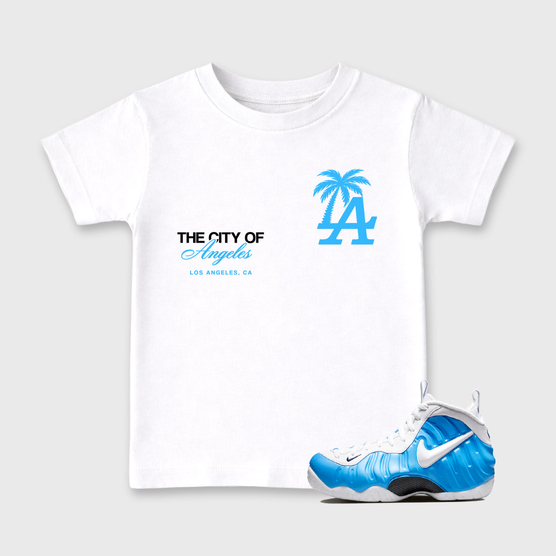 Sneaker match tees – Sneaker Tees To Match Air Foamposite Pro University Blue Shoes – The City Of Angeles Kids T-Shirt White 1