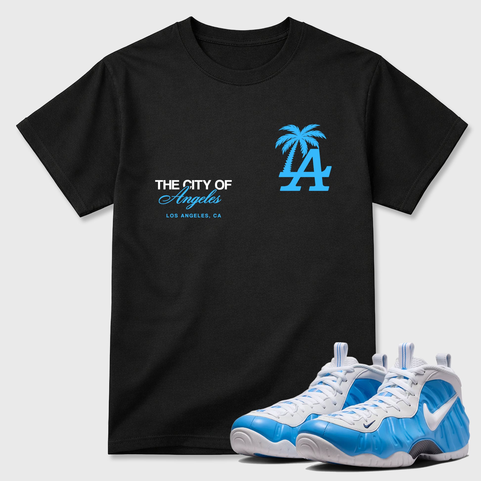 Sneaker match tees – Sneaker Tees To Match Air Foamposite Pro University Blue Shoes – The City Of Angeles Tee Black 1