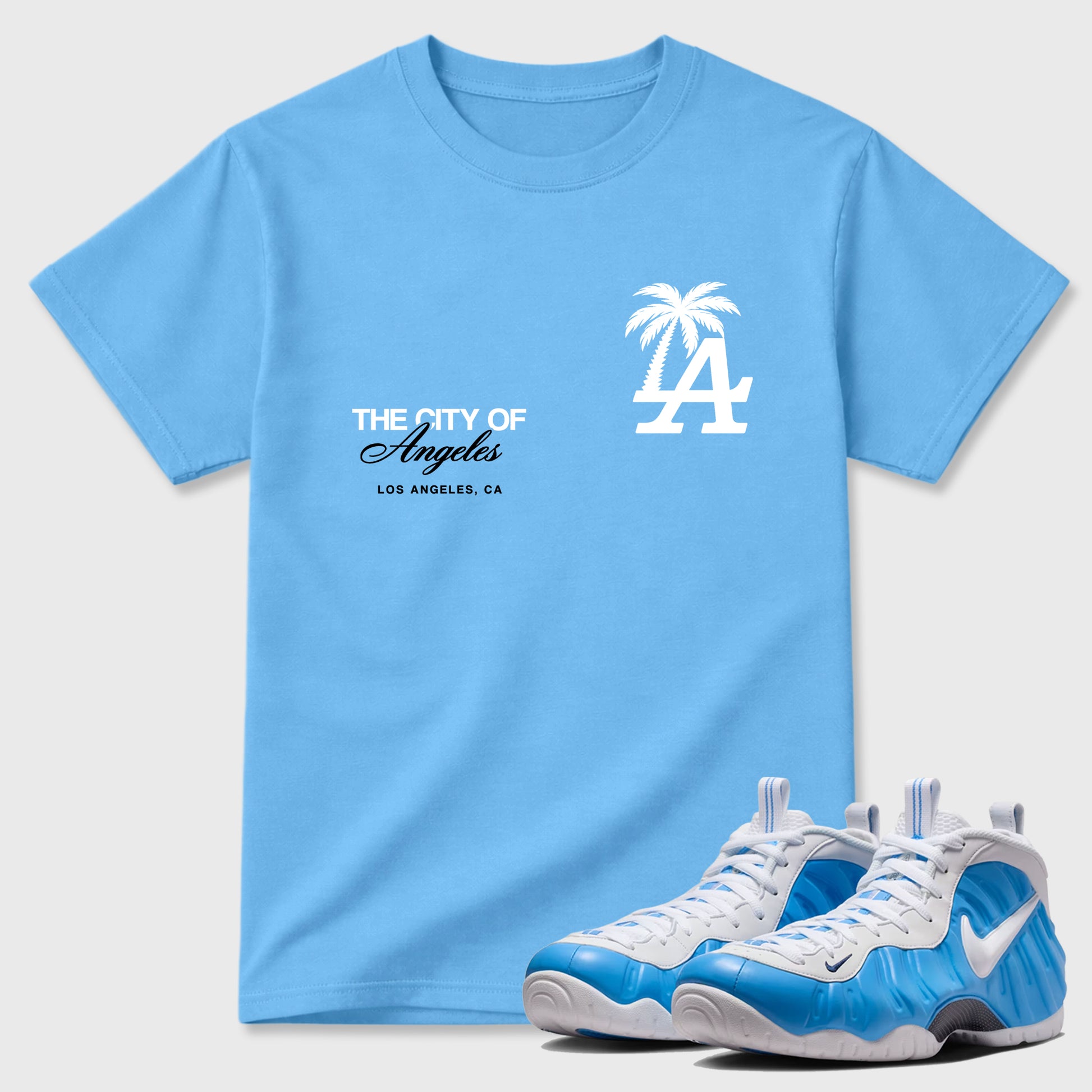 Sneaker match tees – Sneaker Tees To Match Air Foamposite Pro University Blue Shoes – The City Of Angeles Tee Carolina Blue 1