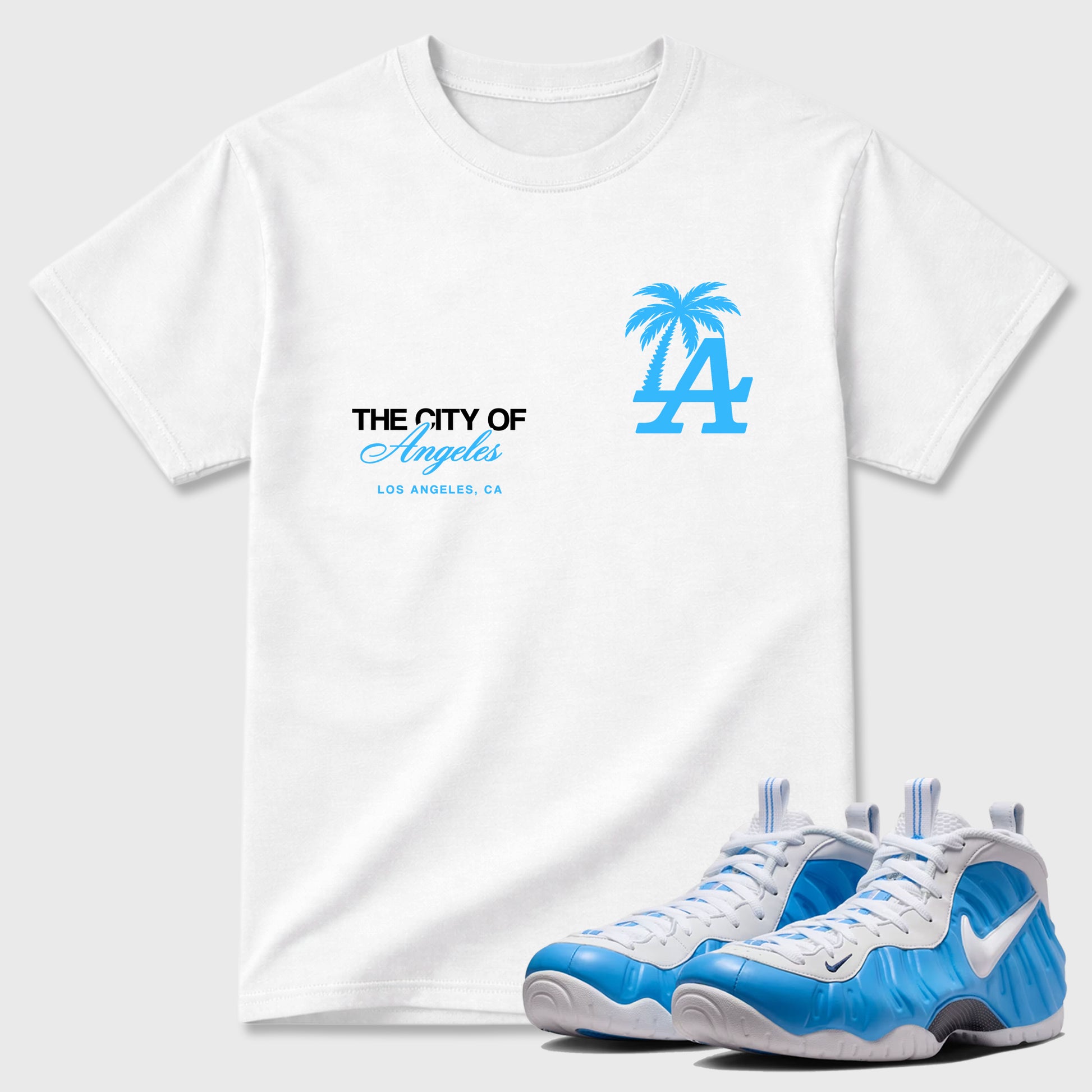 Sneaker match tees – Sneaker Tees To Match Air Foamposite Pro University Blue Shoes – The City Of Angeles Tee White 1