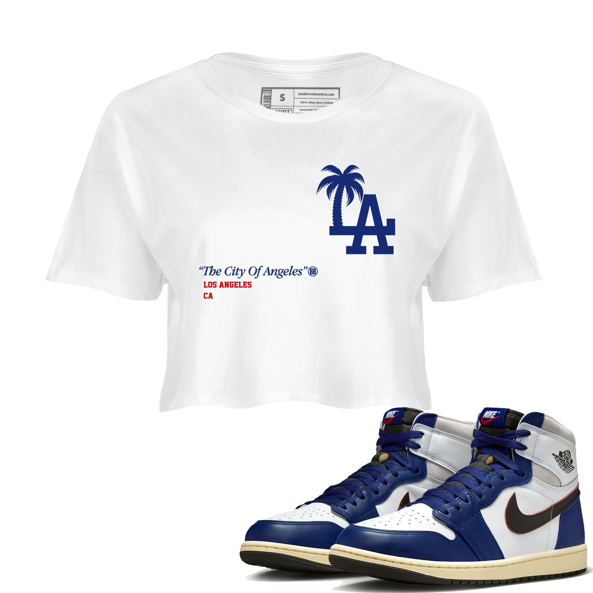 1s Rare Air shirts to match jordans The City Of Angeles sneaker match tees Air Jordan 1 High OG Rare Air Deep Royal Blue match shoes to clothes SNRT Sneaker Tees unisex cotton White 1 crop tee