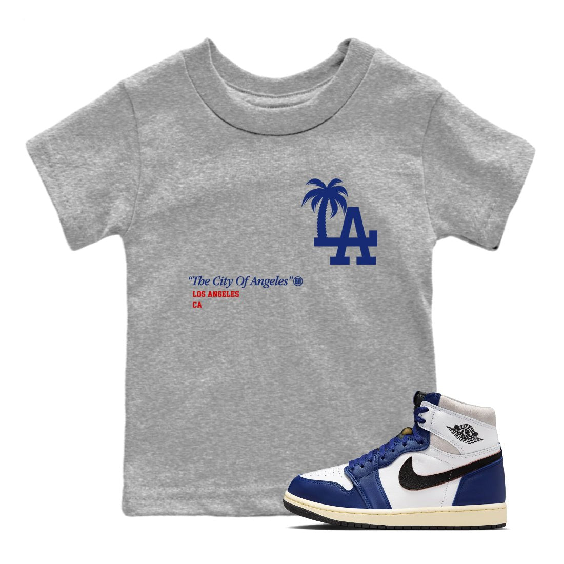 1s Rare Air shirts to match jordans The City Of Angeles sneaker match tees Air Jordan 1 High OG Rare Air Deep Royal Blue match shoes to clothes SNRT Sneaker Tees Youth Baby Heather Grey 1 tee