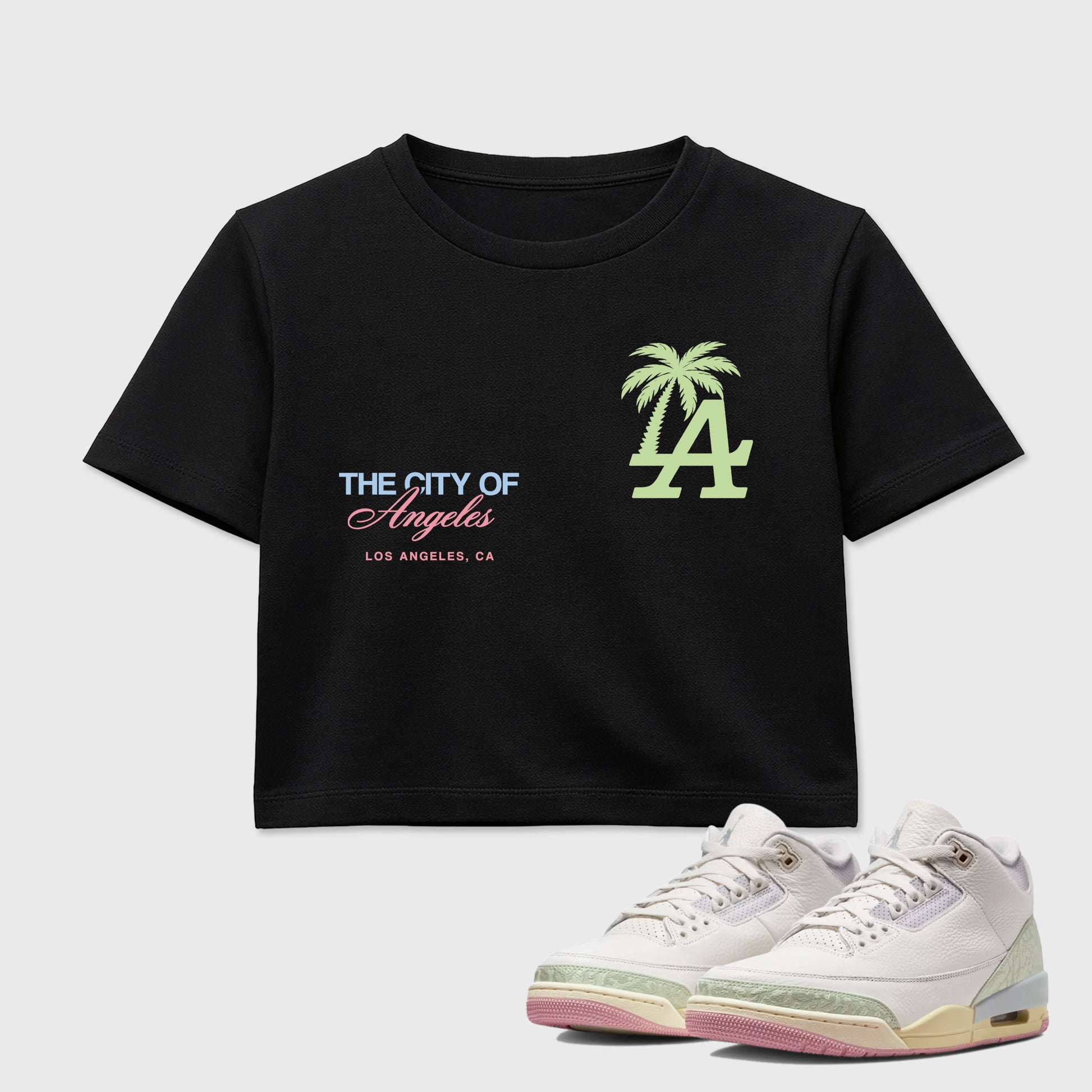Sneaker match tees – Sneaker Tees To Match Air Jordan 3 Jade Aura Shoes – The City Of Angeles Crop T-Shirt Black 1