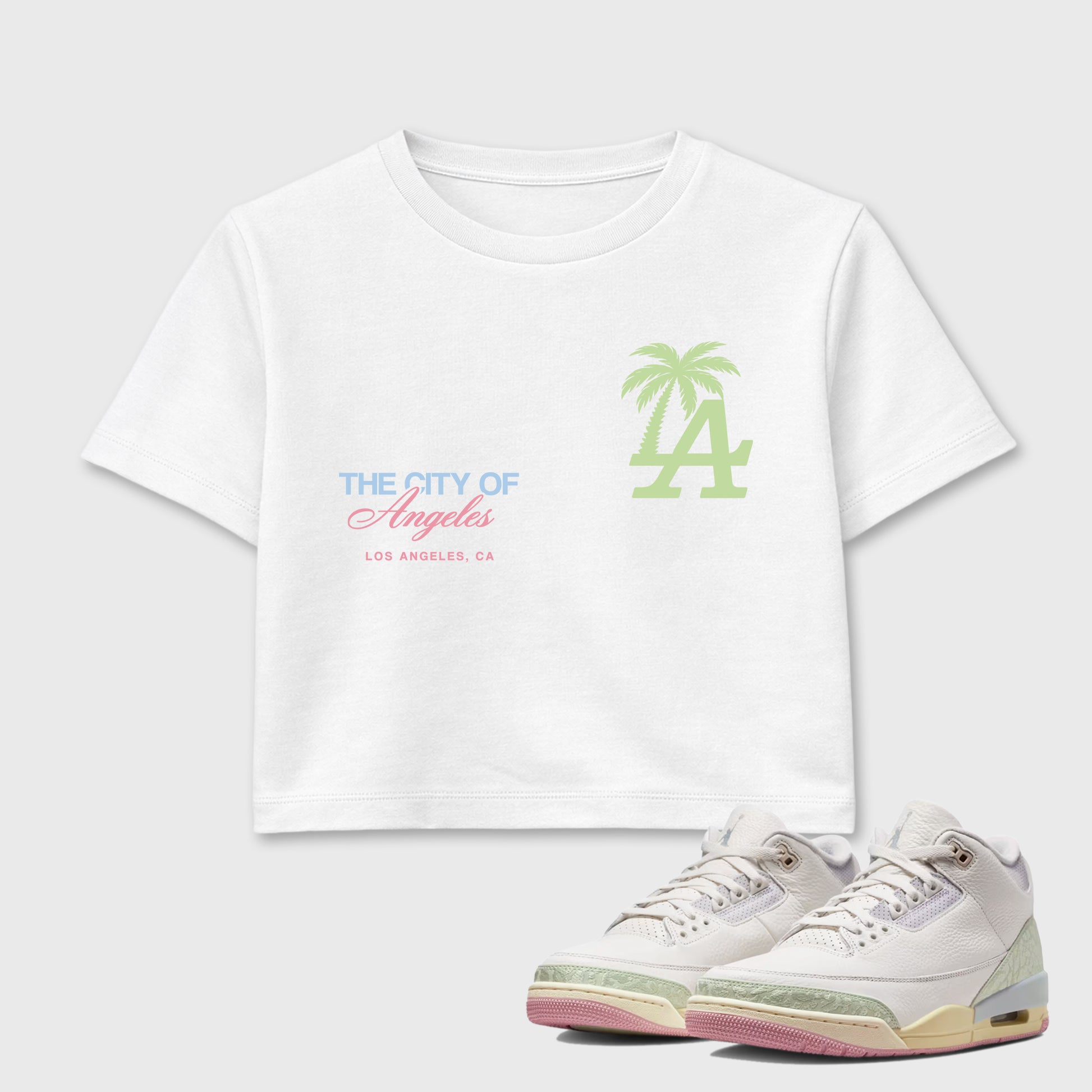 Sneaker match tees – Sneaker Tees To Match Air Jordan 3 Jade Aura Shoes – The City Of Angeles Crop T-Shirt White 1