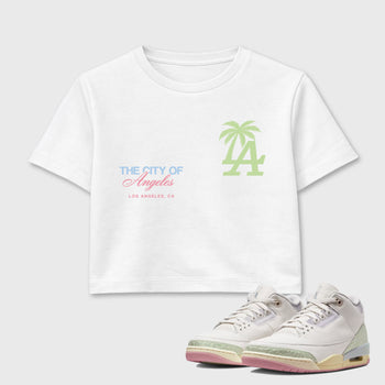 Sneaker match tees – Sneaker Tees To Match Air Jordan 3 Jade Aura Shoes – The City Of Angeles Crop T-Shirt White 1