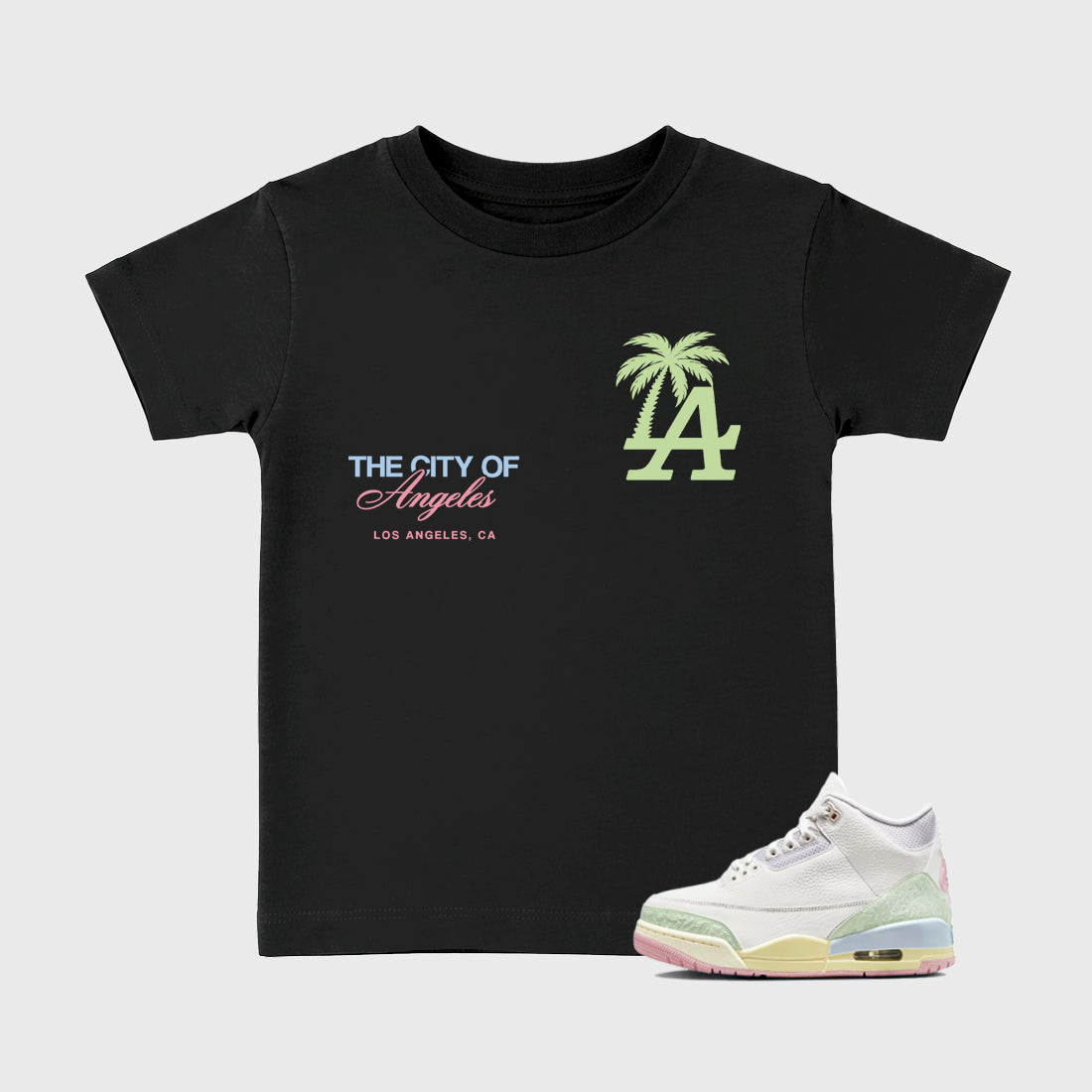 Sneaker match tees – Sneaker Tees To Match Air Jordan 3 Jade Aura Shoes – The City Of Angeles Kids T-Shirt Black 1