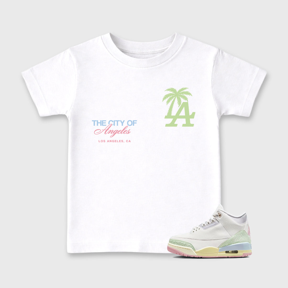 Sneaker match tees – Sneaker Tees To Match Air Jordan 3 Jade Aura Shoes – The City Of Angeles Kids T-Shirt White 1