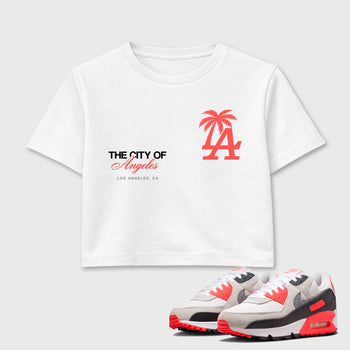 Sneaker match tees – Sneaker Tees To Match Air Max 90 Infrared Shoes – The City Of Angeles Crop T-Shirt White 1