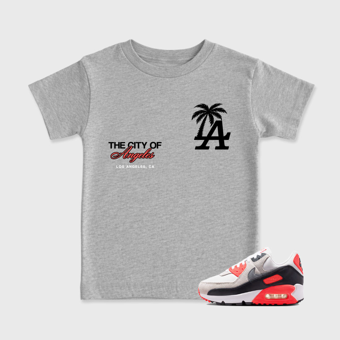 Sneaker match tees – Sneaker Tees To Match Air Max 90 Infrared Shoes – The City Of Angeles Kids T-Shirt Heather Grey 1