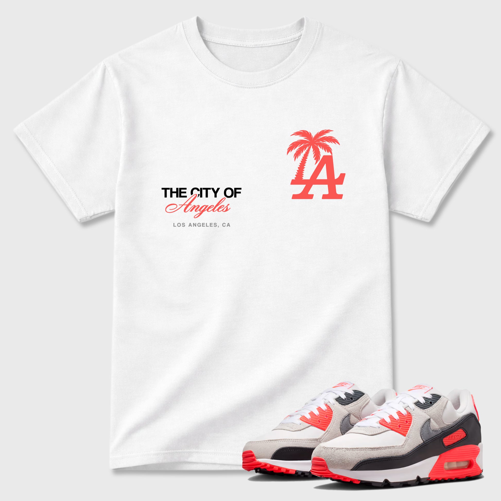 Sneaker match tees – Sneaker Tees To Match Air Max 90 Infrared Shoes – The City Of Angeles Tee White 1