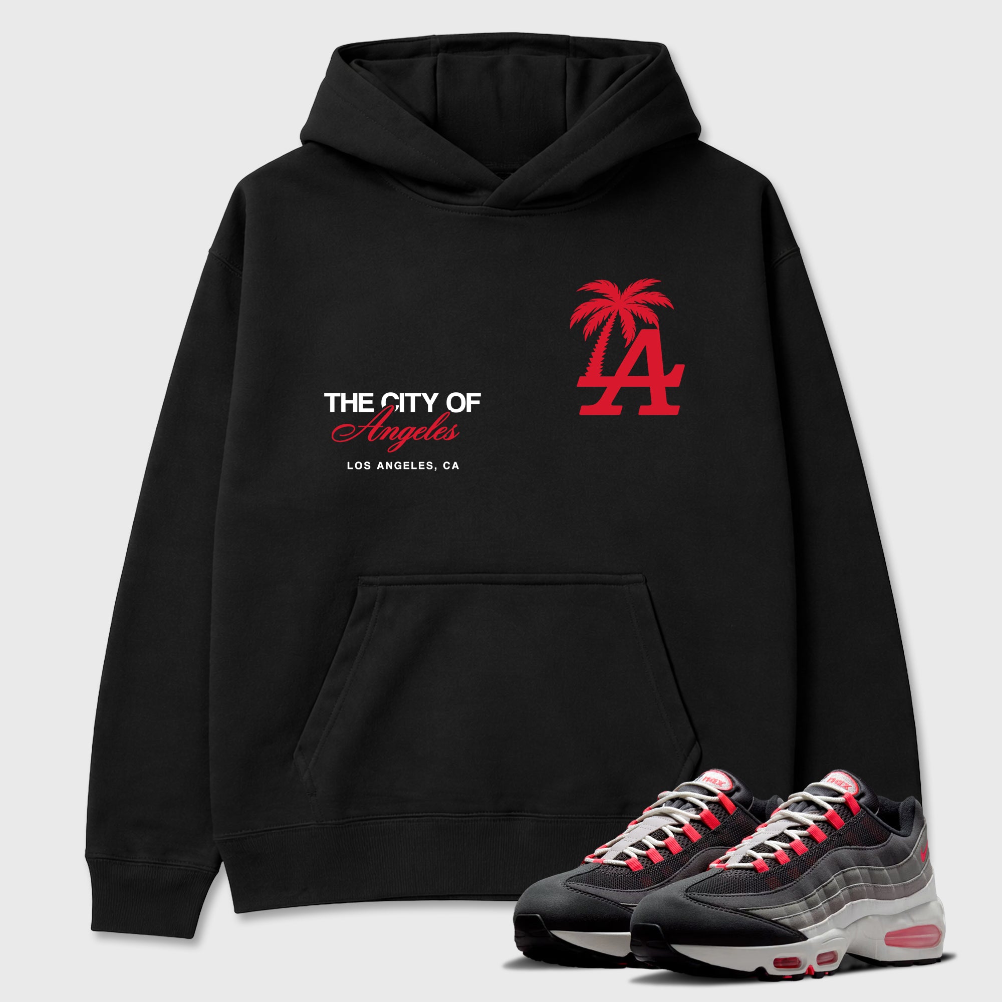 The City Of Angeles Graphic T-Shirt featuring original streetwear artwork designed to match the Air Max 95 Reverse Solar Red. Black 1 Graphic Tee.