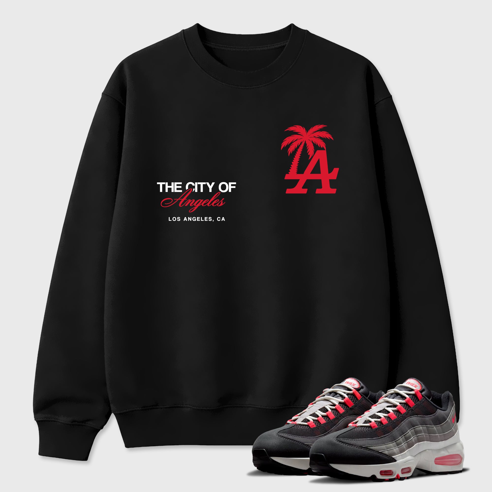 The City Of Angeles Graphic T-Shirt featuring original streetwear artwork designed to match the Air Max 95 Reverse Solar Red. Black 1 Graphic Tee.
