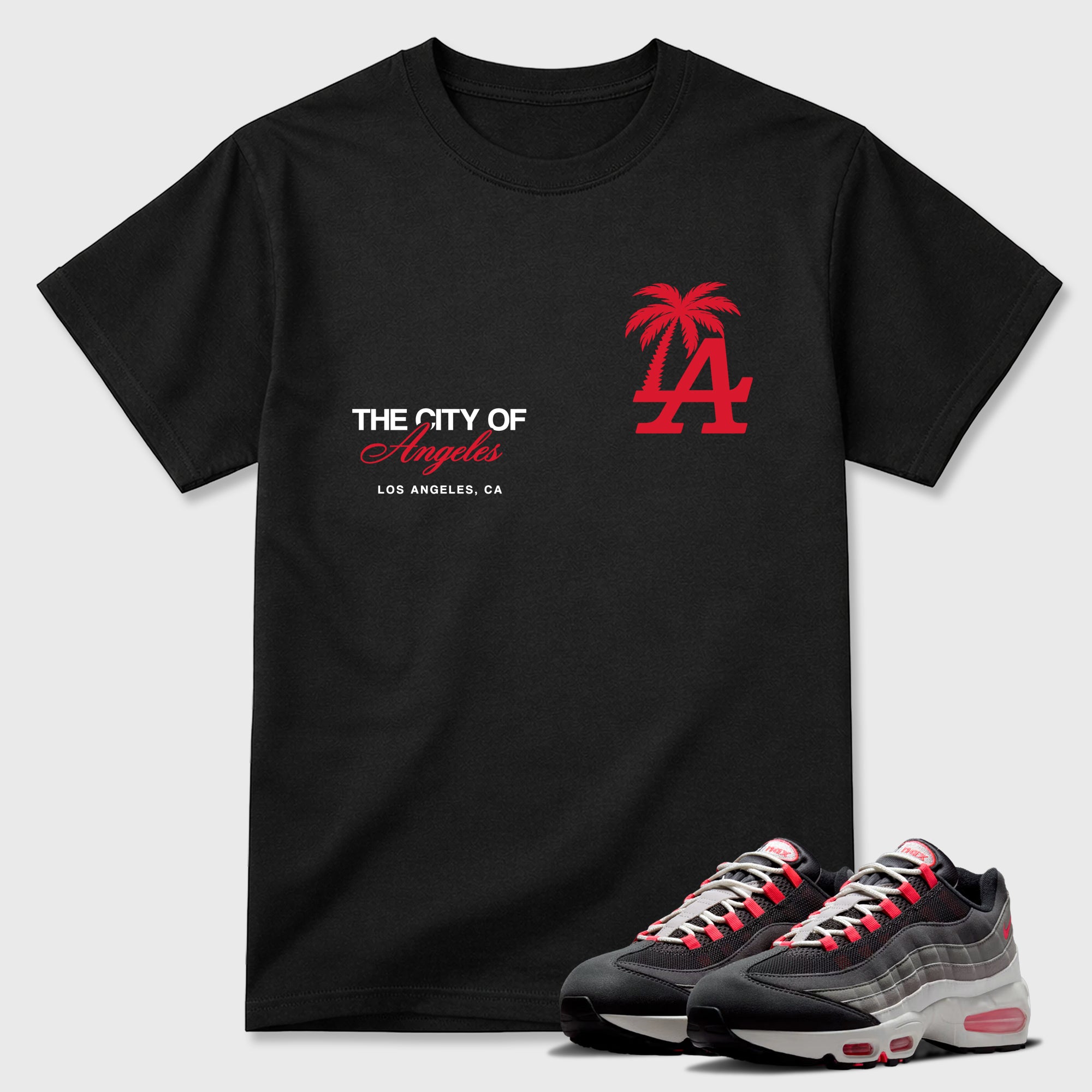 The City Of Angeles Graphic T-Shirt featuring original streetwear artwork designed to match the Air Max 95 Reverse Solar Red. Black 1 Graphic T-Shirt.