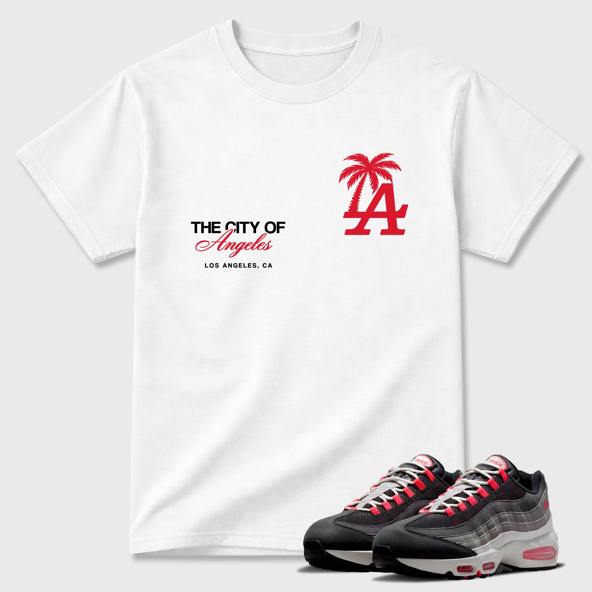 The City Of Angeles Graphic T-Shirt featuring original streetwear artwork designed to match the Air Max 95 Reverse Solar Red. White 1 Graphic T-Shirt.