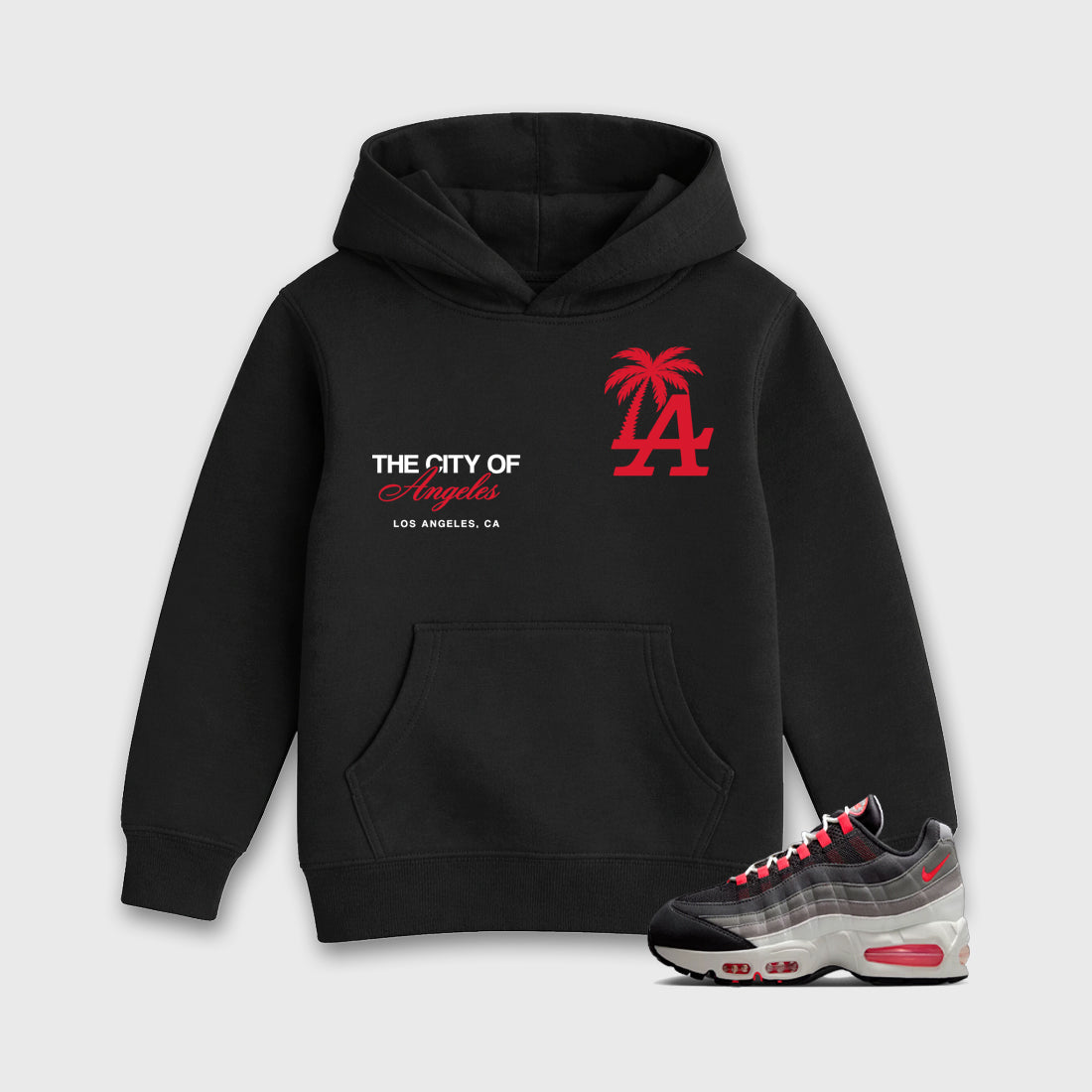 The City Of Angeles Baby & Kids Graphic Hoodie featuring original artwork designed to match the Air Max 95 Reverse Solar Red. Black 1 Kids Graphic Sweater.