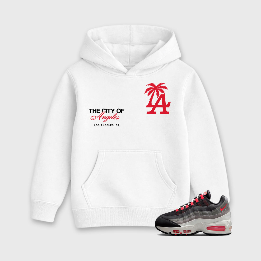 The City Of Angeles Baby & Kids Graphic Hoodie featuring original artwork designed to match the Air Max 95 Reverse Solar Red. White 1 Kids Graphic Sweater.